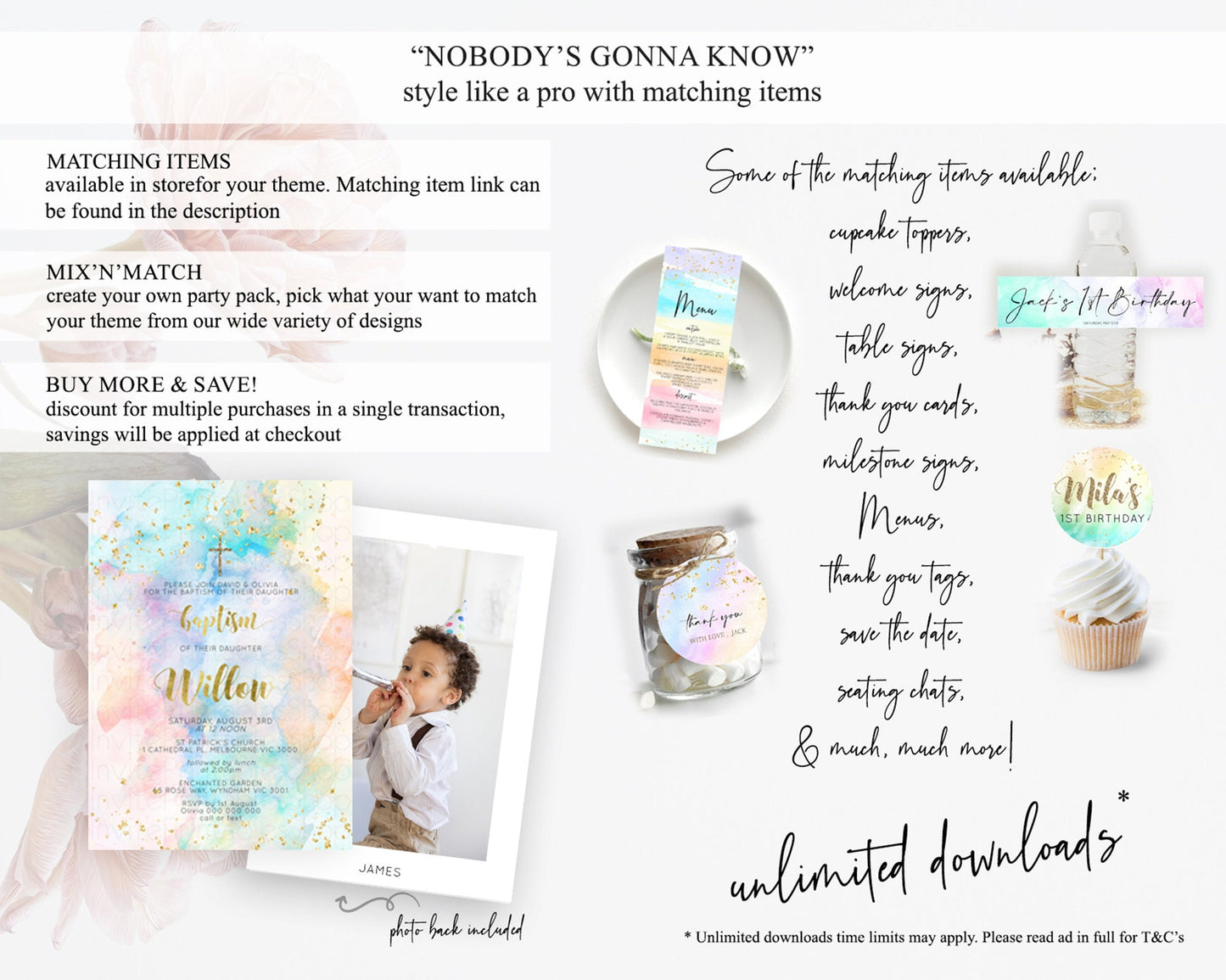 Pastel Baptism Invitation Pastel Colors Watercolor Baptism 1st Birthday Party Gold Ombre Pastel Rainbow Christening Holy Communion D10272