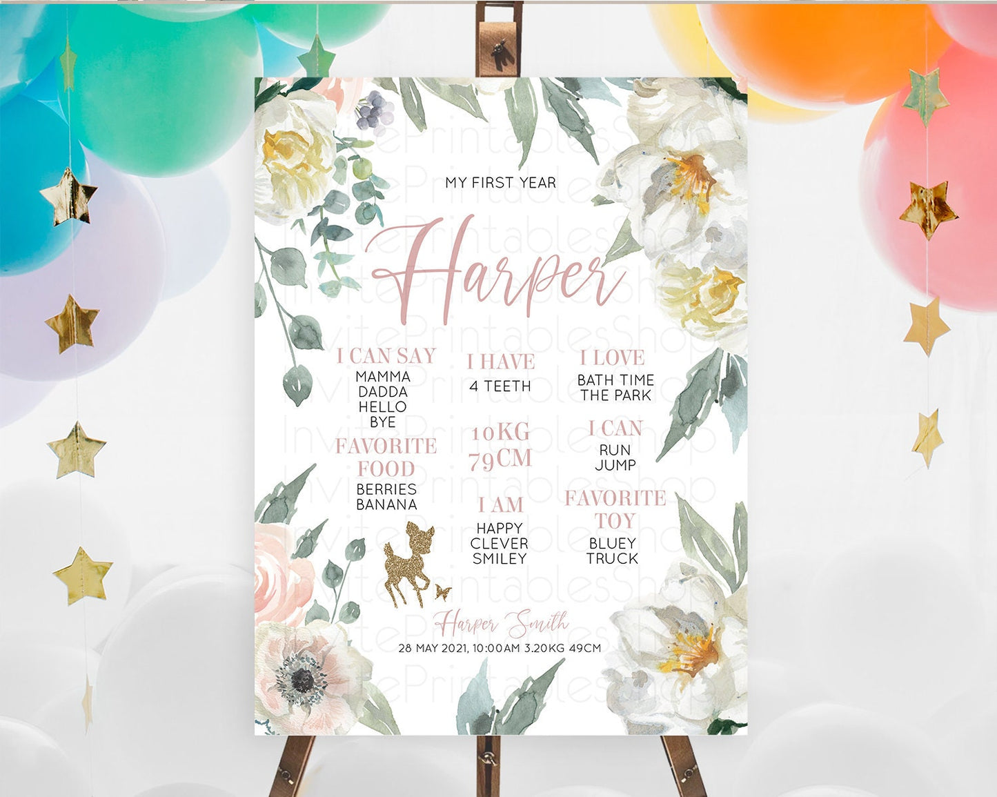 Fawn First Birthday Milestone Board Deer First Birthday Milestone Poster Enchanted Forest Butterfly Pastel Flowers 1st Birthday Sign D10120
