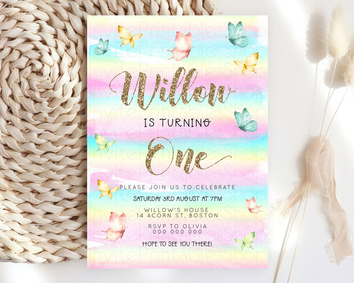 Pastel Butterfly Birthday Invitation Butterfly Birthday Invitation Colorful Splash Glitter Butterfly Garden 1st 2nd Birthday D23218