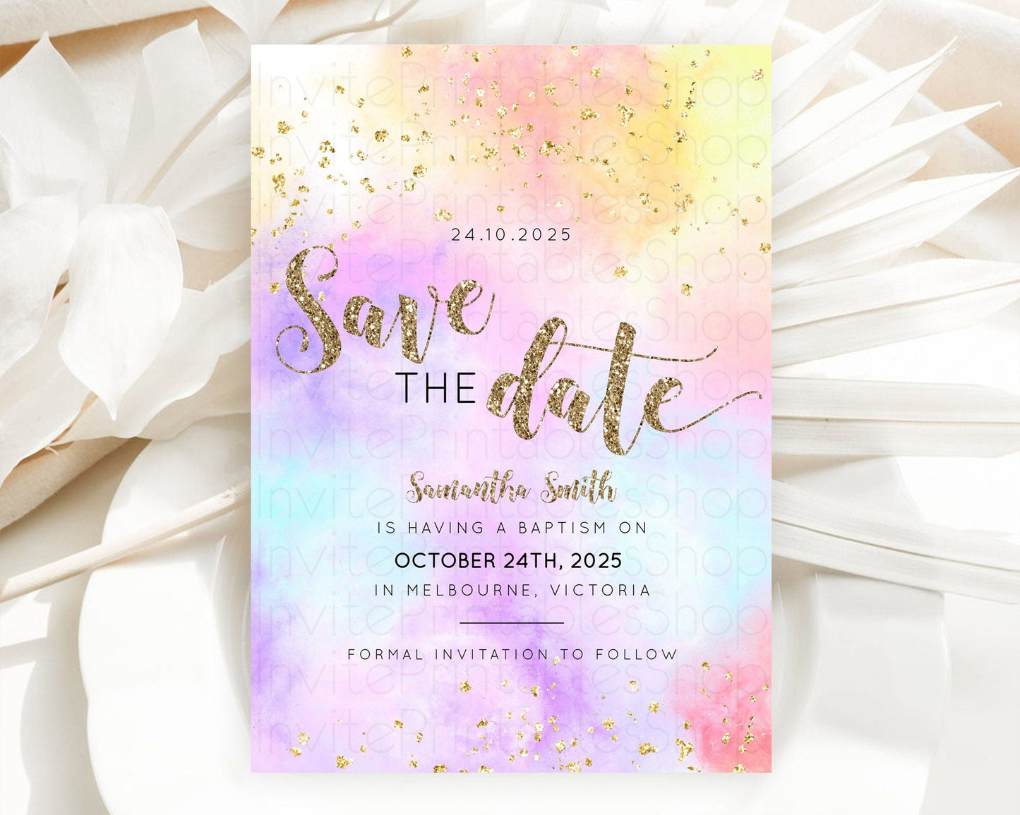 Pastel Save The Date Template Pastel Ombre Rainbow Watercolor Colorful Party For Birthday Baptism Baby Shower Wedding Bridal Shower D10435