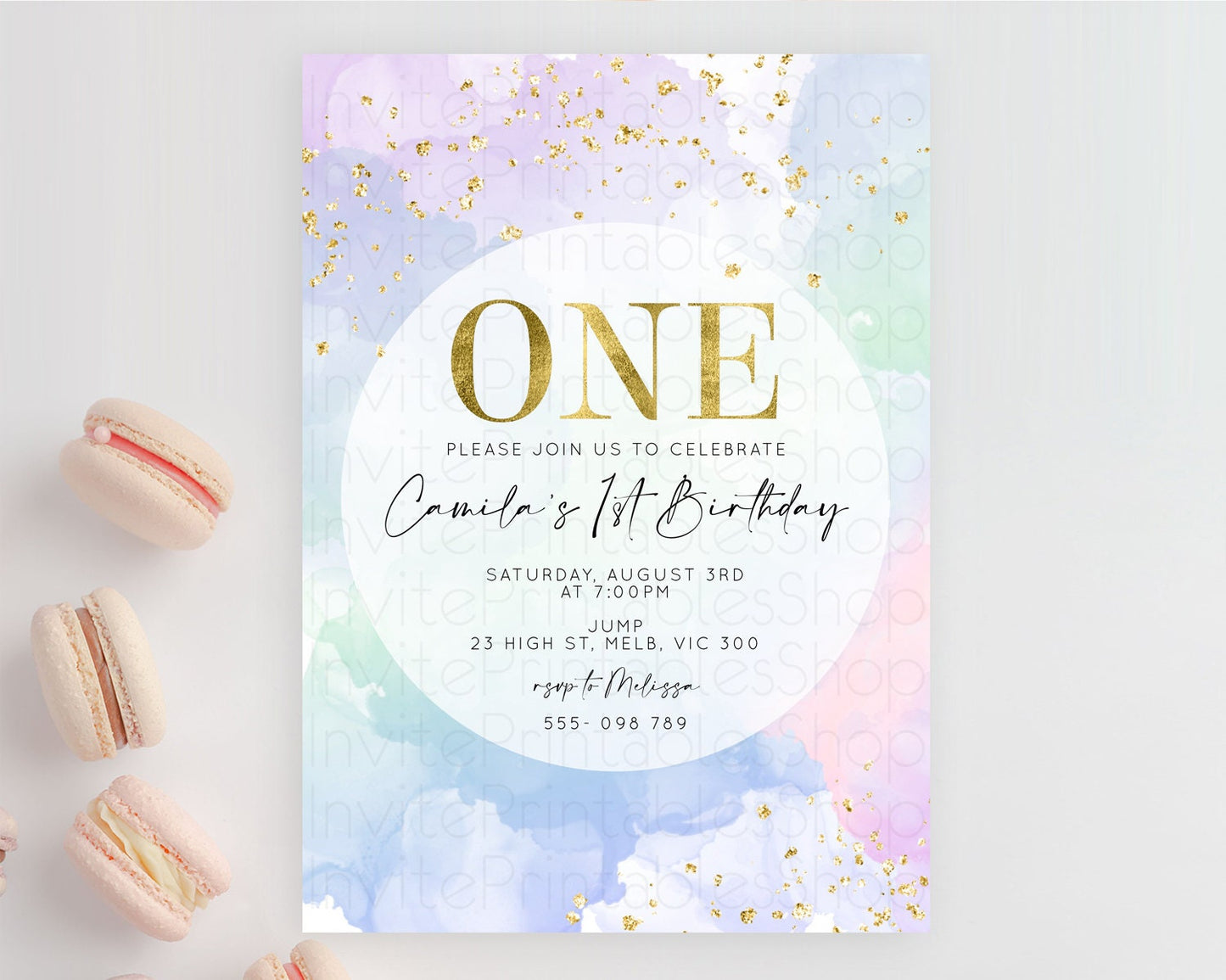 Rainbow Birthday Invitation Colorful Pastel Watercolor Invitation Gold Glitter Sprinkles Ombre Pastel 1st 2nd 3rd Birthday D10624