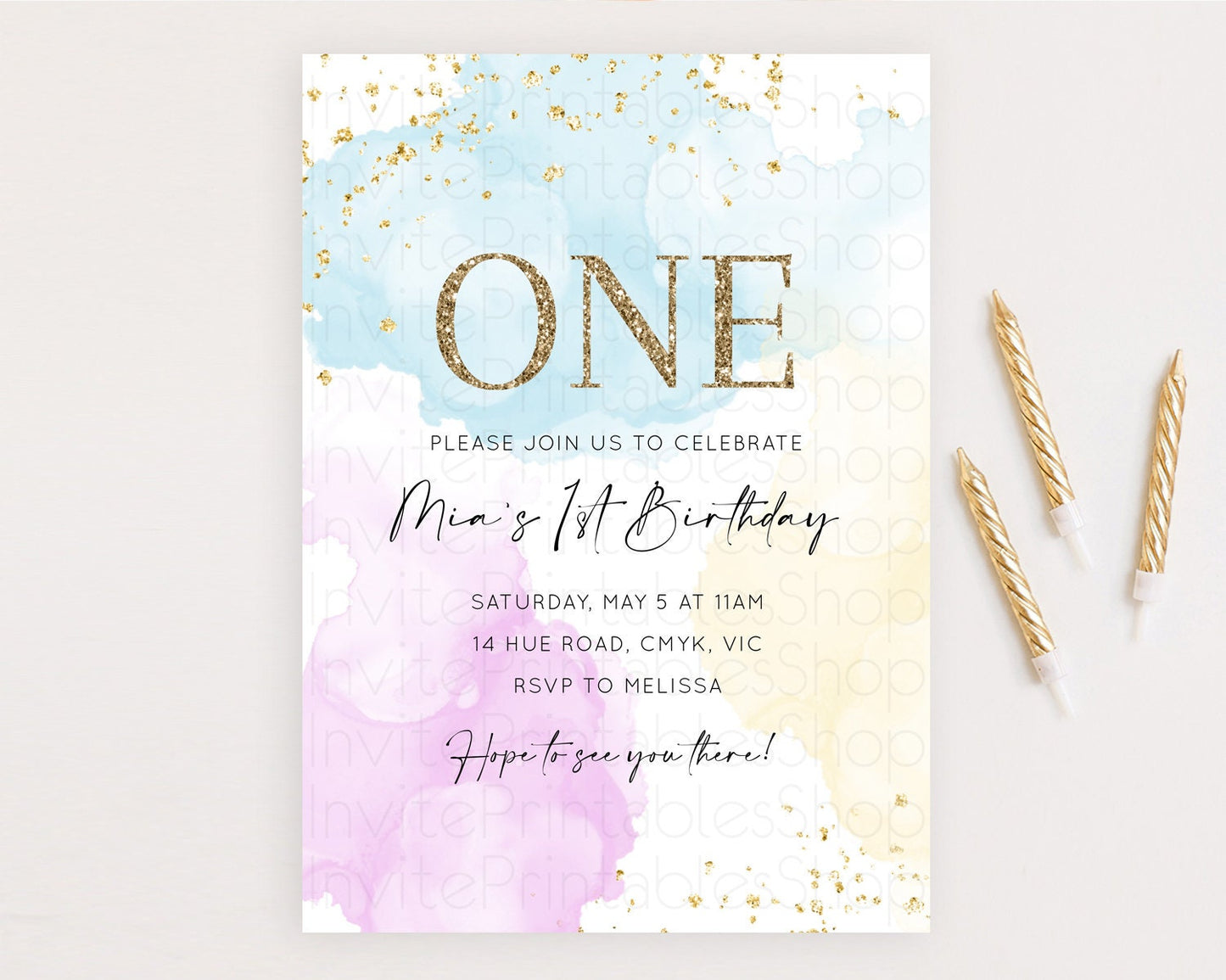 Rainbow Birthday Invitation Colorful Pastel Watercolor Invitation Gold Glitter Sprinkles Ombre Pastel 1st 2nd 3rd Birthday D10204