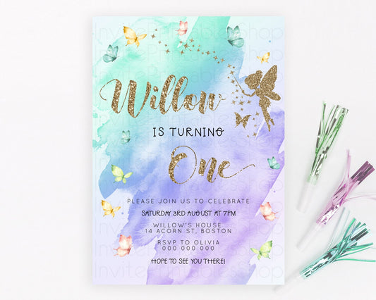 Pastel Fairy Birthday Invitation Pastel Butterflies Fairy Birthday Invitation Rainbow Ombre Watercolor 1st 2nd Birthday Invitation D23335