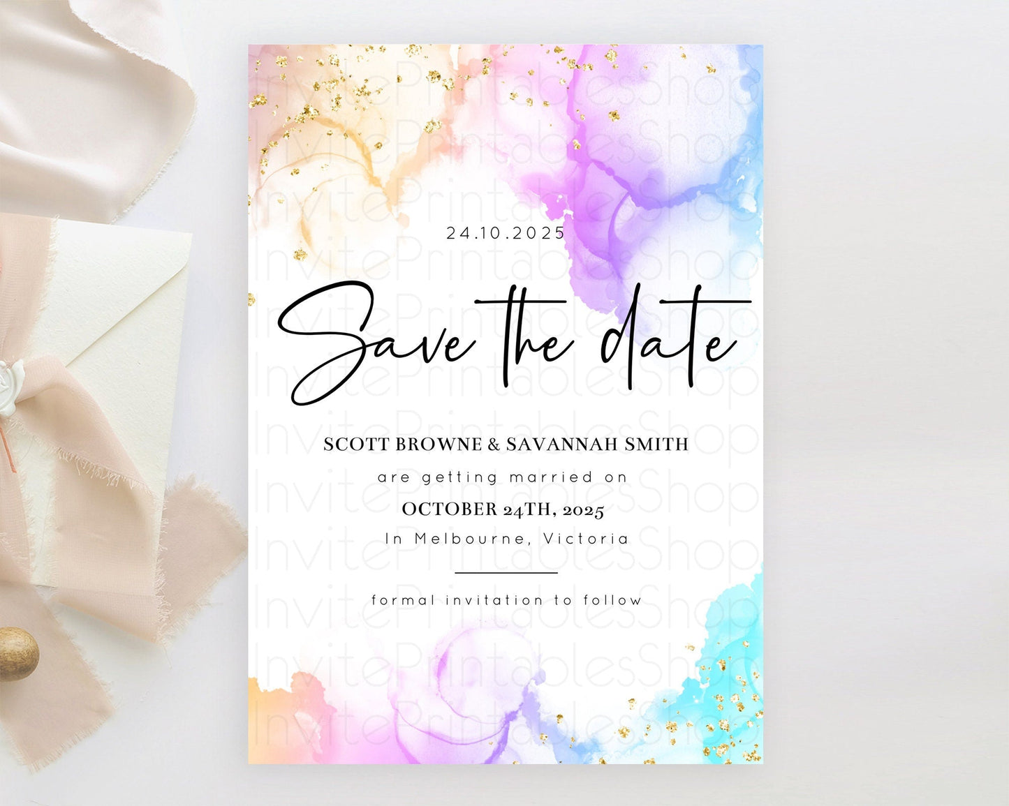Pastel Save The Date Template Pastel Ombre Rainbow Watercolor Colorful Party For Birthday Baptism Baby Shower Wedding Bridal Shower D10180