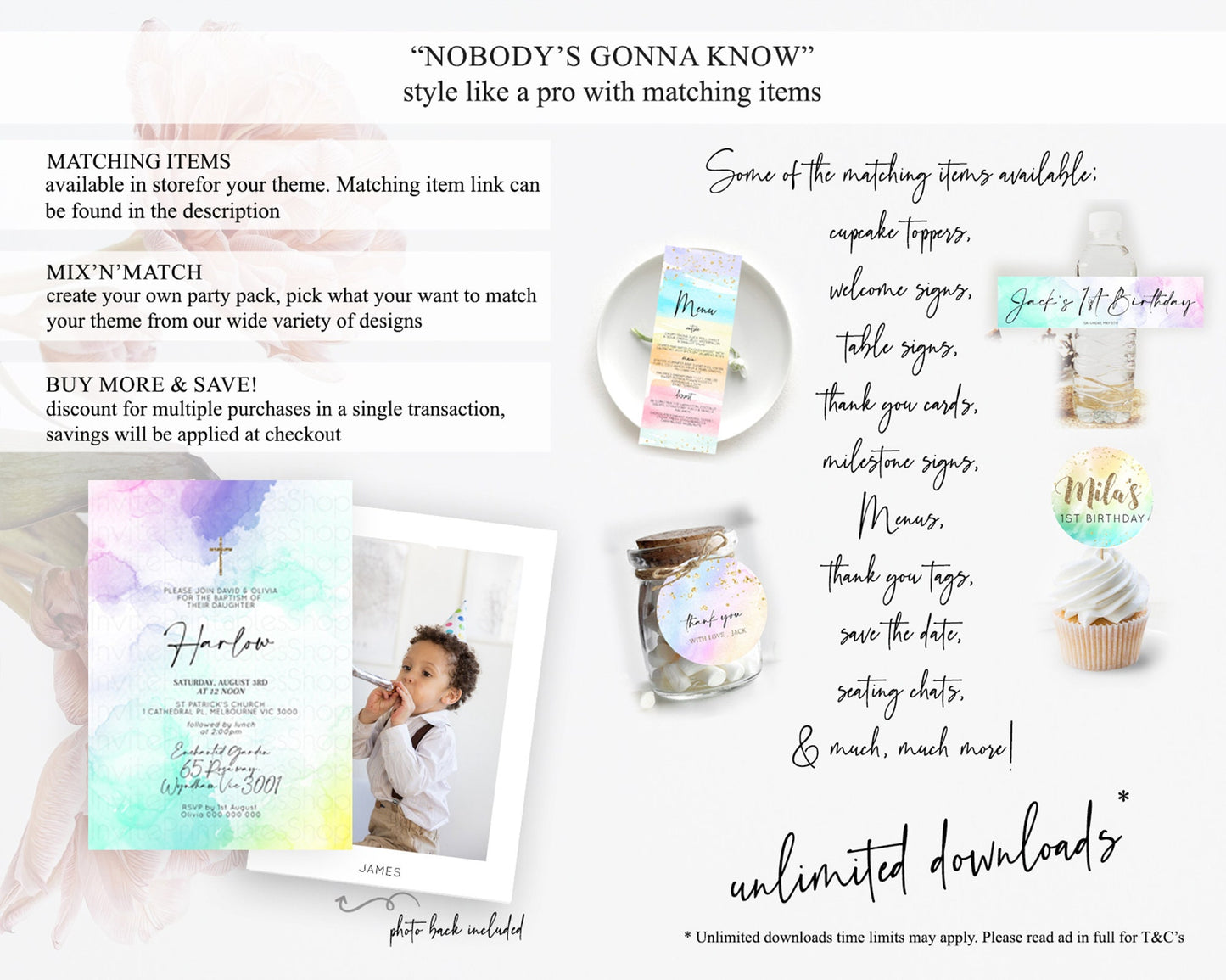 Pastel Baptism Invitation Pastel Colors Watercolor Baptism 1st Birthday Party Gold Ombre Pastel Rainbow Christening Holy Communion D10157