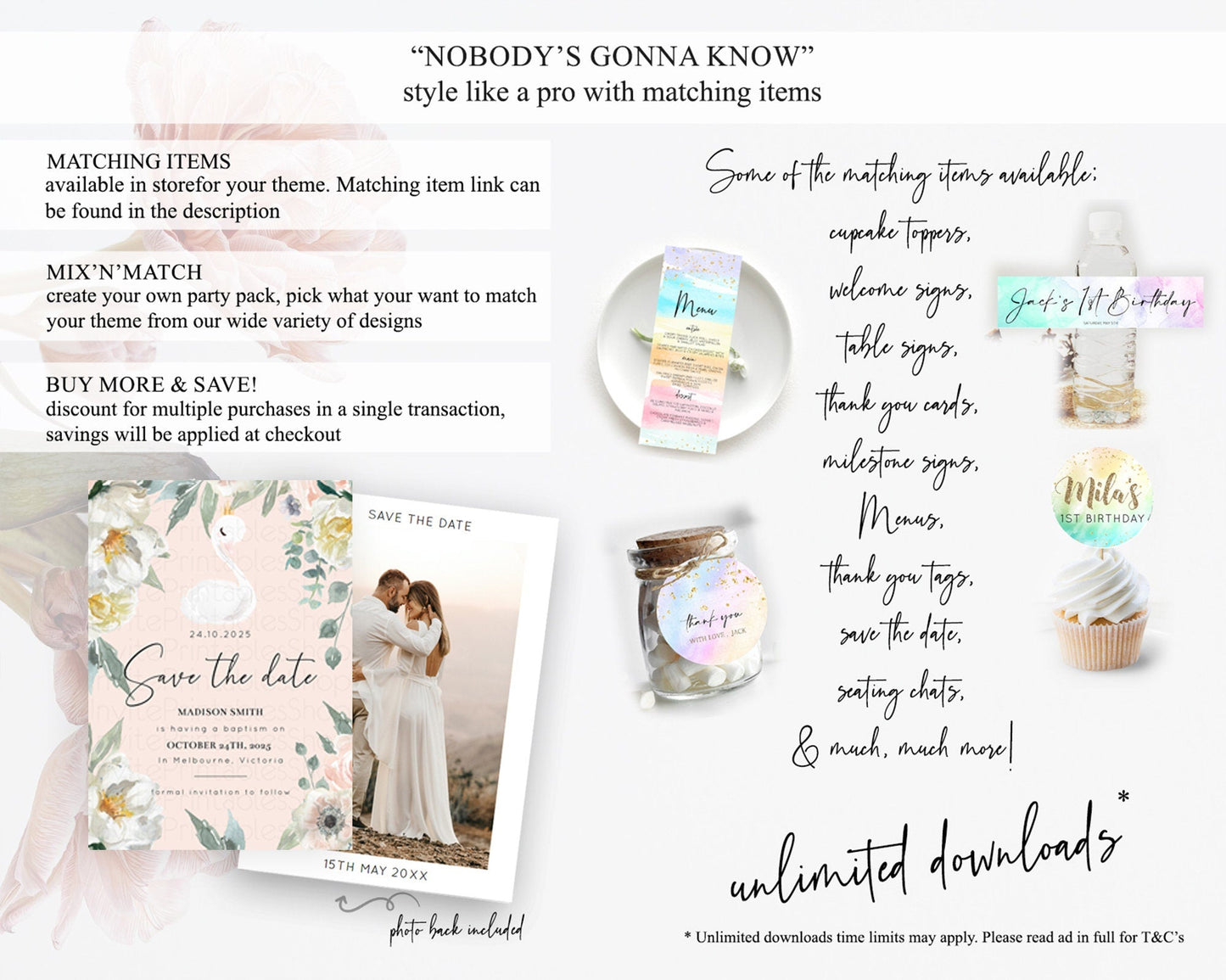 Swan Save The Date Template Swan Princess Ballet Party Enchanted Swan Lake Secret Garden Pastel Floral Birthday Baptism Baby Shower D10755