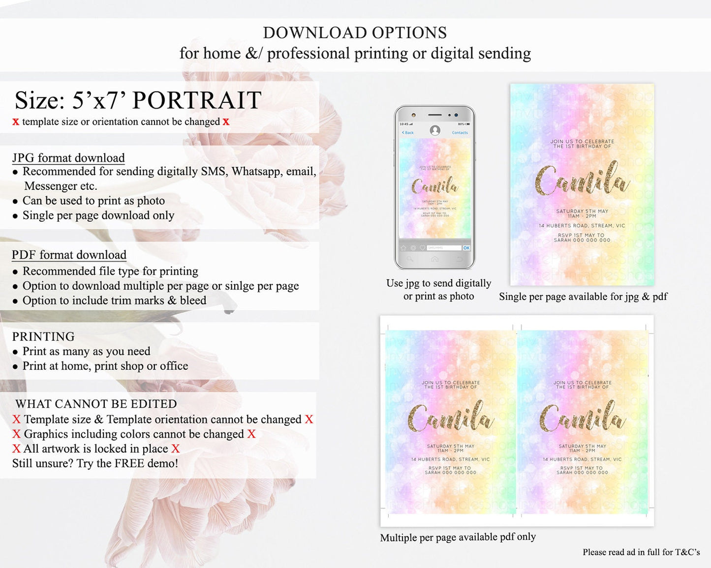 Rainbow Birthday Invitation Colorful Pastel Watercolor Invitation Gold Glitter Sprinkles Ombre Pastel 1st 2nd 3rd Birthday D10648