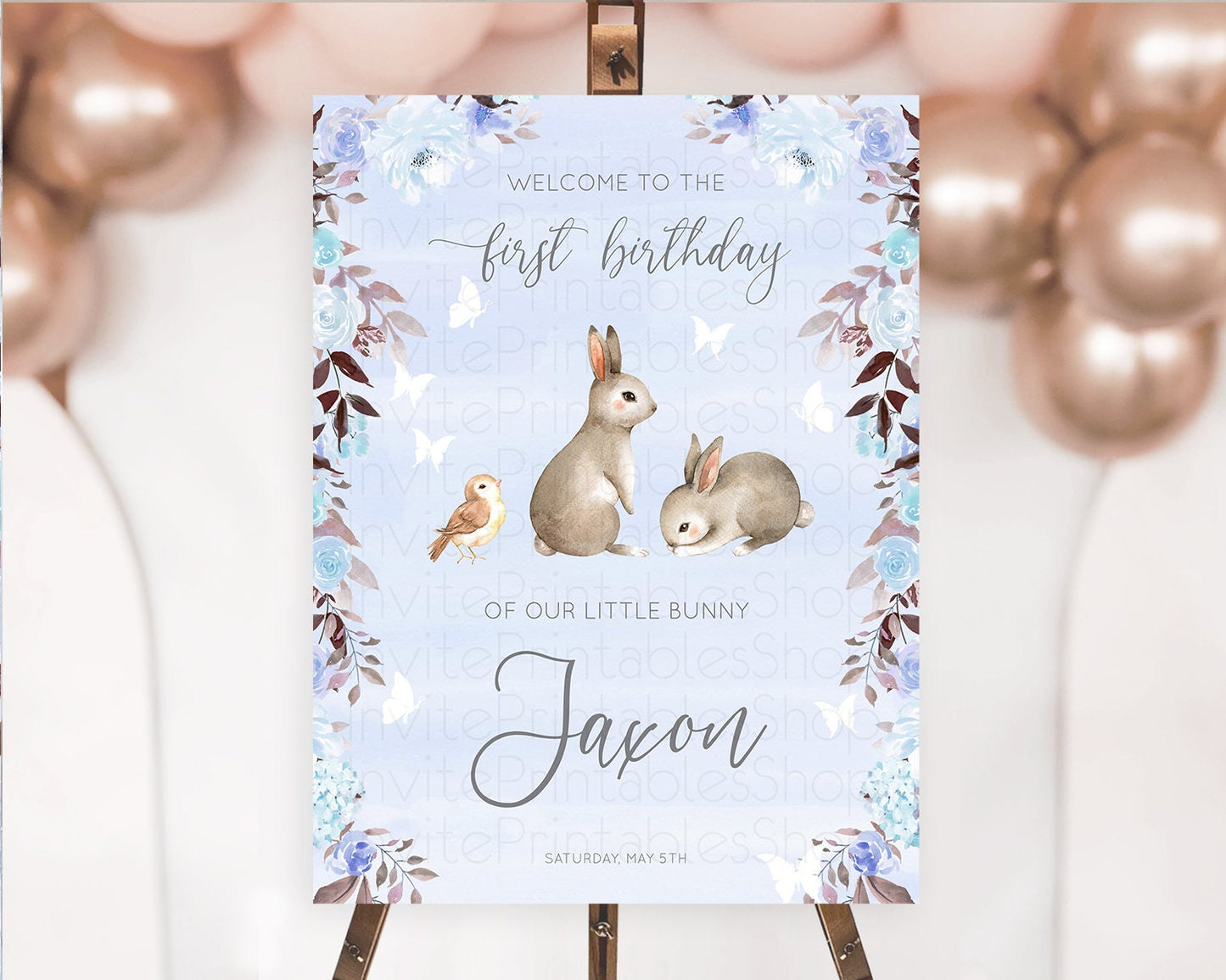 Bunny Welcome Sign Floral Bunny Welcome Board Pastel Flowers Woodland Bunny Welcome Poster Forest Bunny First Birthday Welcome Sign D10923