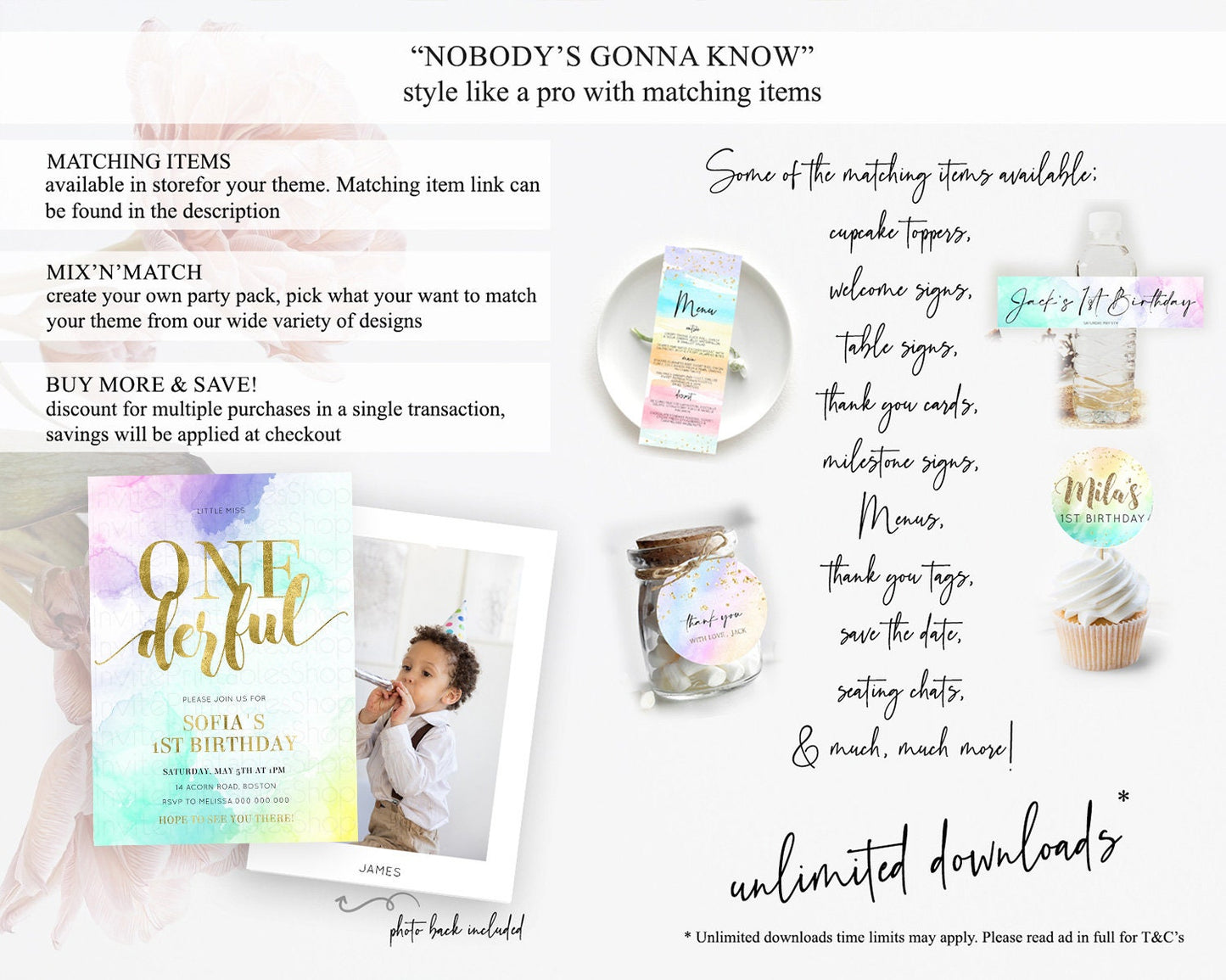 ONEderful Rainbow Birthday Invitation Colorful Pastel Watercolor Invitation Gold Glitter Sprinkles Ombre Pastel 1st Birthday D11024