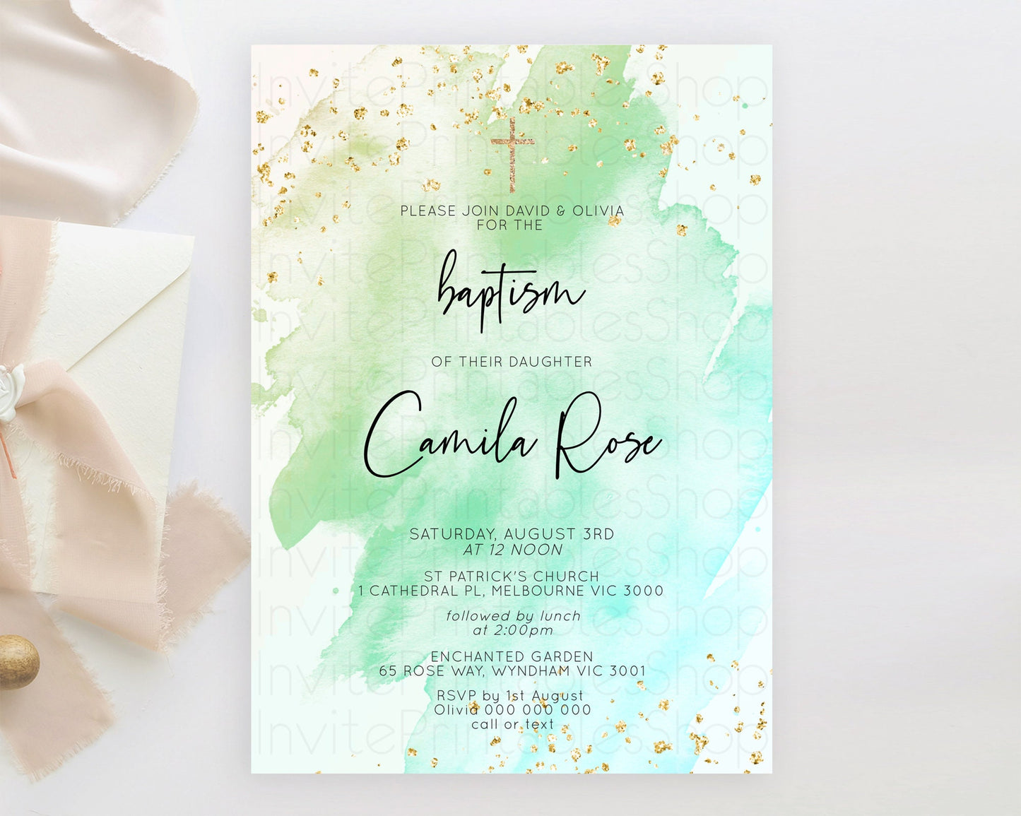 Green Baptism Invitation green Watercolor Baptism 1st Birthday Invitation Pastel Green Watercolor Christening Invite Green Splash D10170