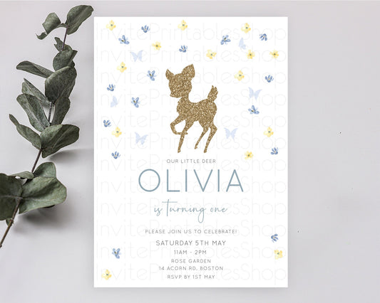 Fawn Birthday Invitation Deer Birthday Invitation Enchanted Forest Party Butterfly Pastel Flowers Whimsical 2nd 1st First Birthday D10864