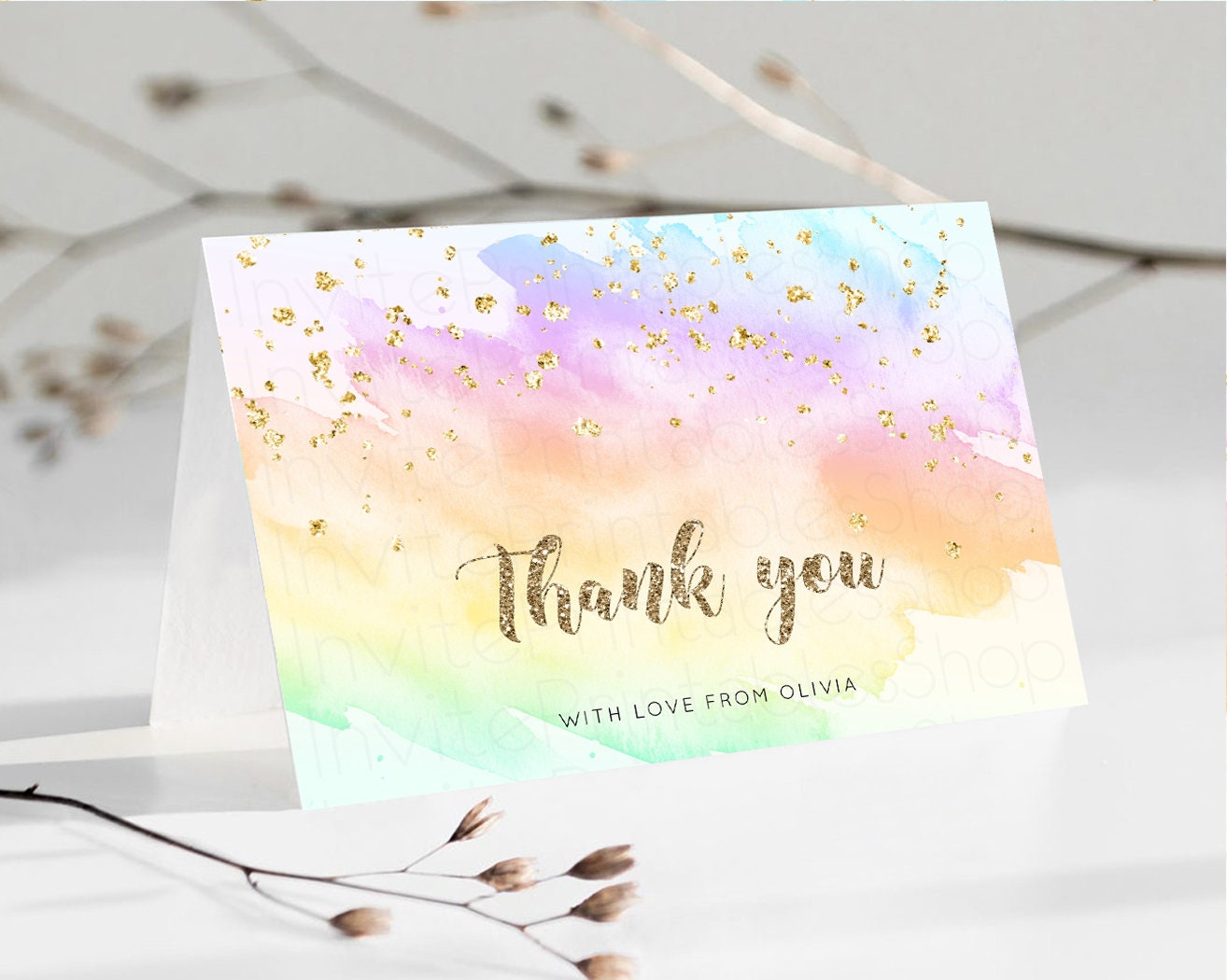 Pastel Rainbow Thank you Colorful Watercolor Gift Cards Splash Gold Glitter Card Birthday Engaged Baby Shower Wedding Folded/ Postcard g602