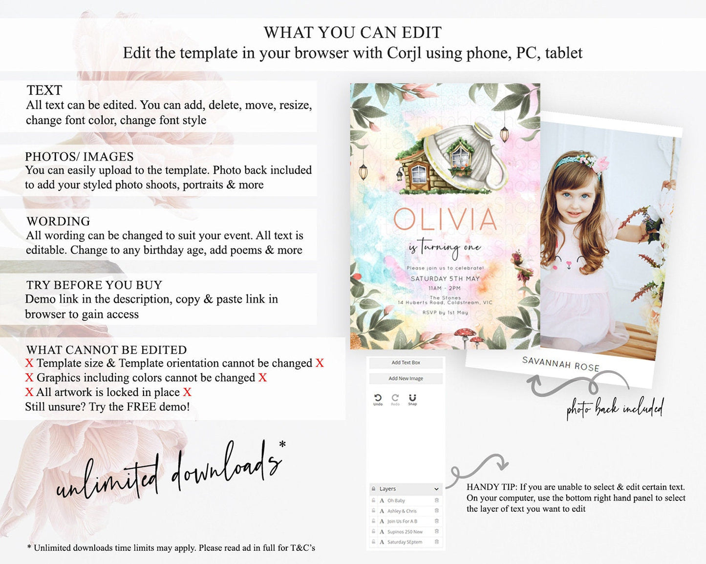 Fairy Birthday Invitation Fairy Invites Fairy Tea Party Fairy Garden Birthday Secret Garden Enchanted Garden Pastel Floral Butterfly D10555
