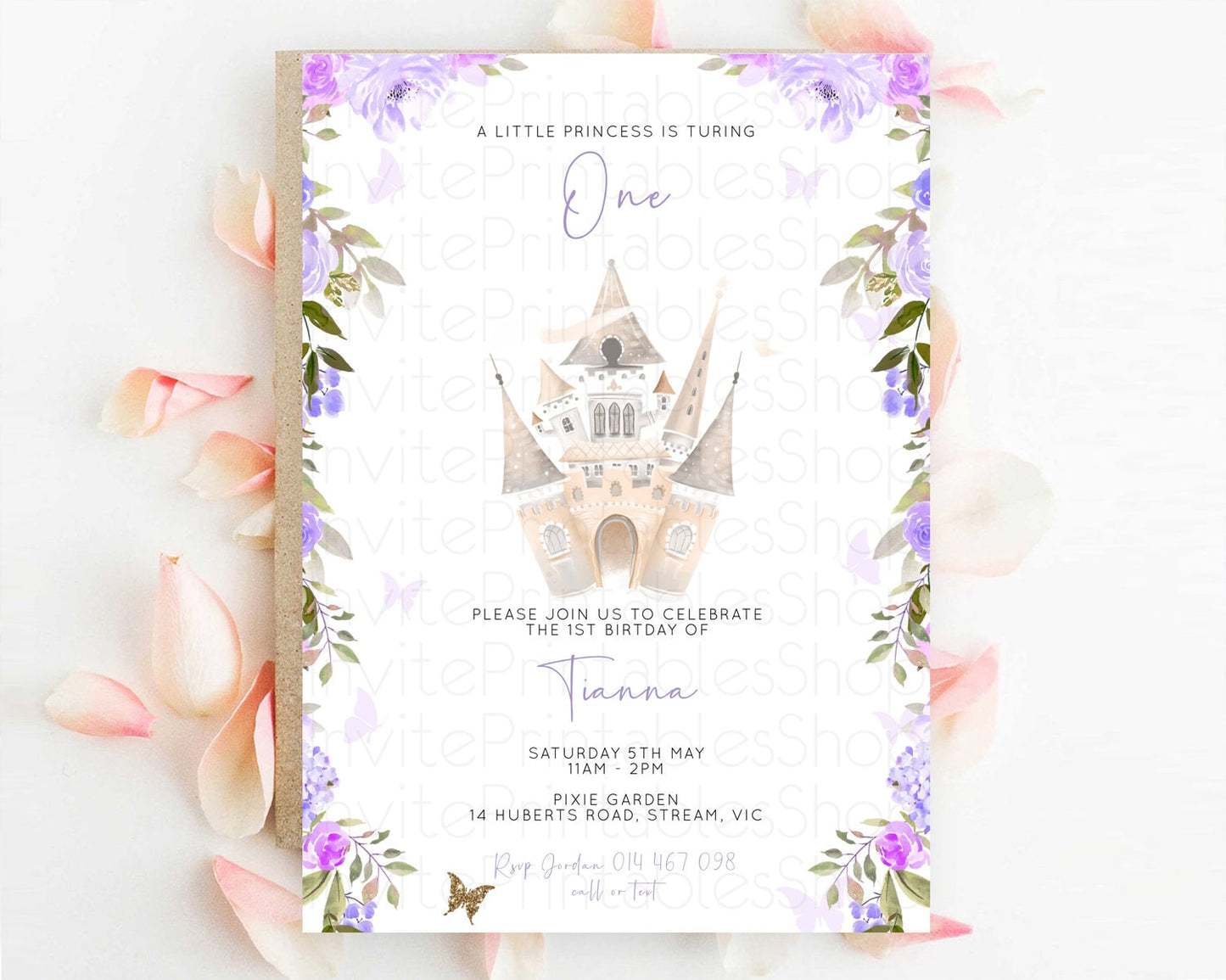 Princess Birthday Invitation Castle Invitation Royal Birthday Fairy Tale Enchanted Castle Pastel Floral Garden 1st First Birthday D10339