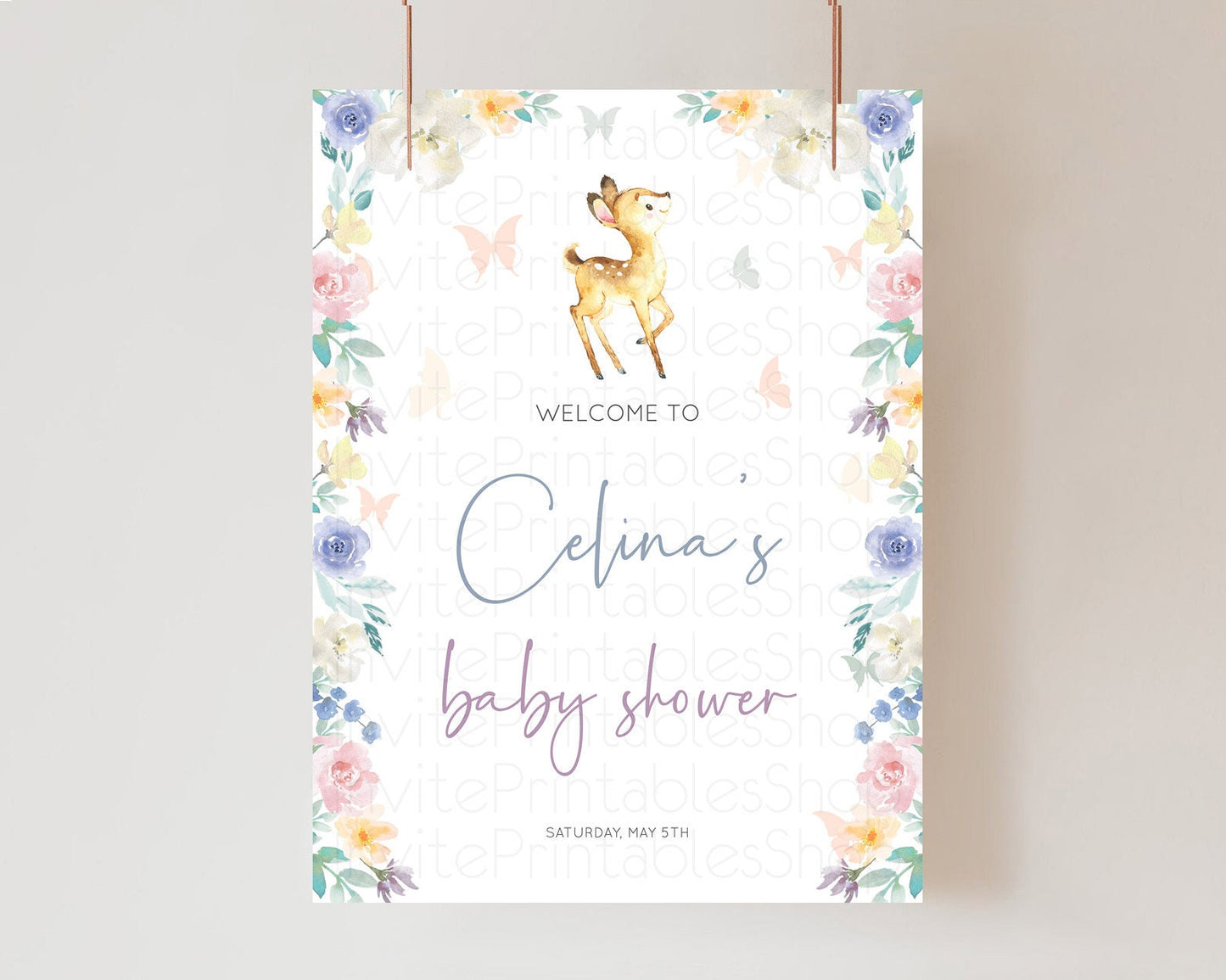 Fawn Baby Shower Welcome Sign Deer Welcome Board Floral Deer Welcome Poster Enchanted Forest Butterfly Pastel Floral Welcome Sign D11035