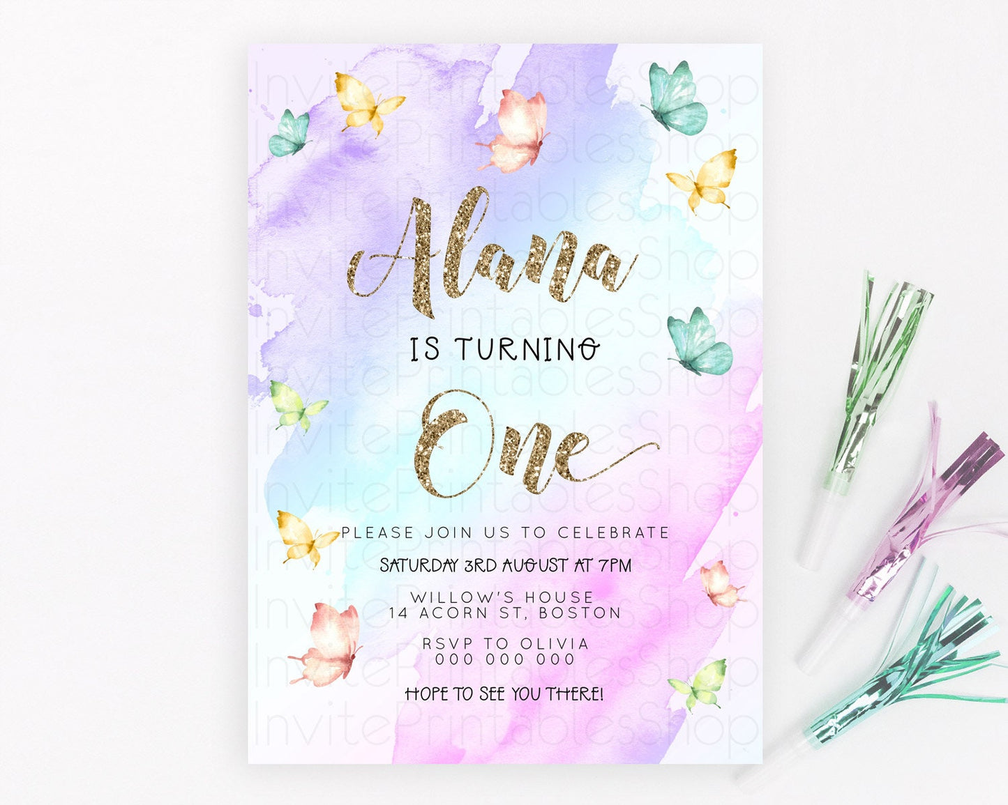 Pastel Butterfly Birthday Invitation Butterfly Birthday Invitation Colorful Splash Glitter Butterfly Garden 1st 2nd Birthday D23236