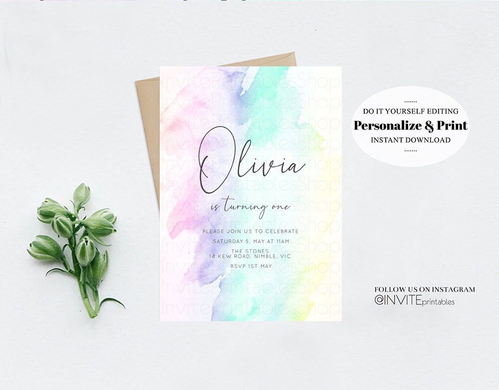 Watercolor Birthday Invitation Colorful Pastel Rainbow Splash Ombre Ink Paint Purple Blue Yellow Modern Simple Custom Printable C210