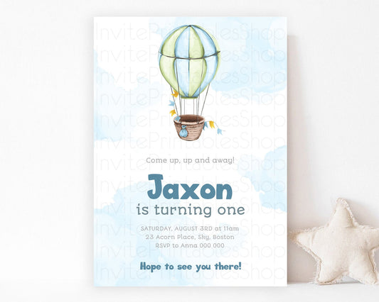 Hot Air Balloon Birthday Invitation Hot Air Balloon Invites Adventure Awaits Up Up & Away Glitter Blue Watercolor 1st Birthday Boy D10661