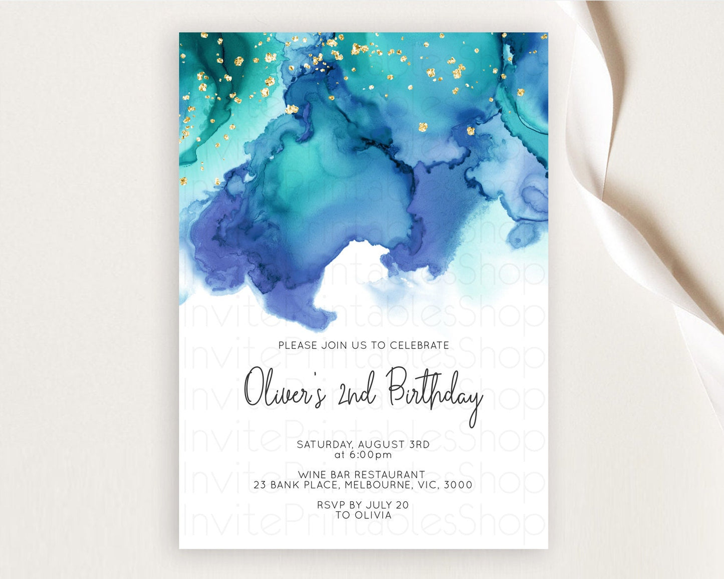 Blue Birthday Invitation Blue Watercolor Invitation Pastel Blue Watercolor Invitation Blue Splash Gold Invitation 1st First Birthday D11067