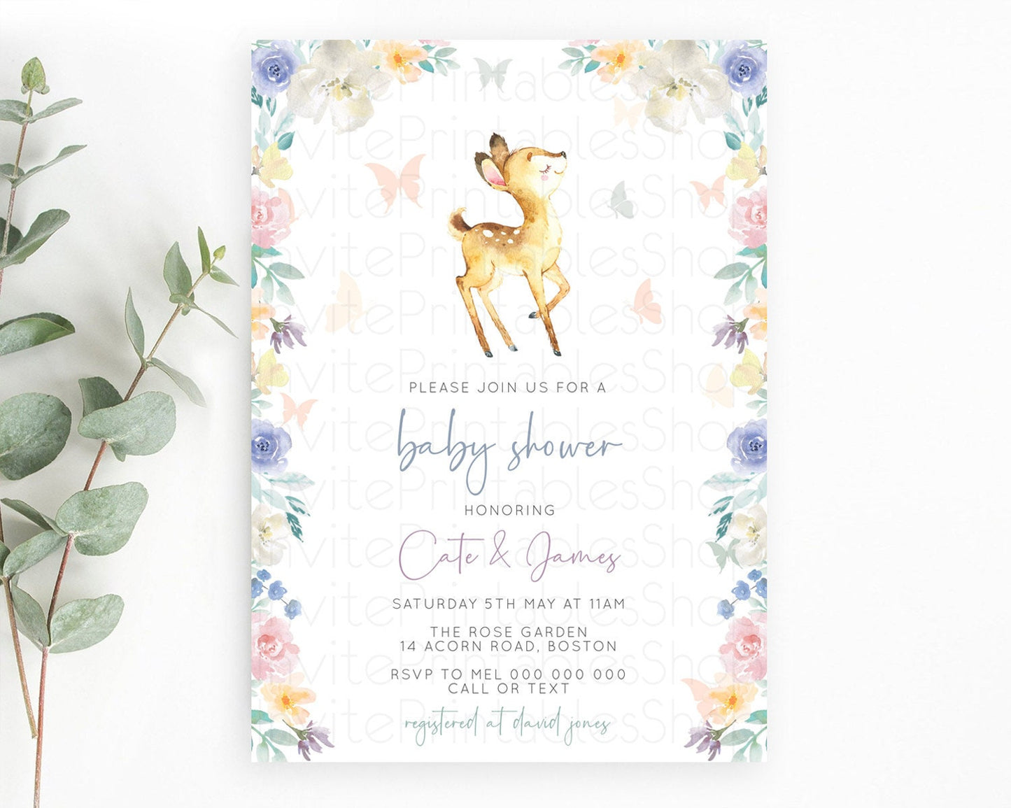 Enchanted Forest Baby Shower Invitation, Baby Fawn Invitation, Whimsical Deer, Butterfly, Secret Garden Theme Soft Pastel Flowers D11035