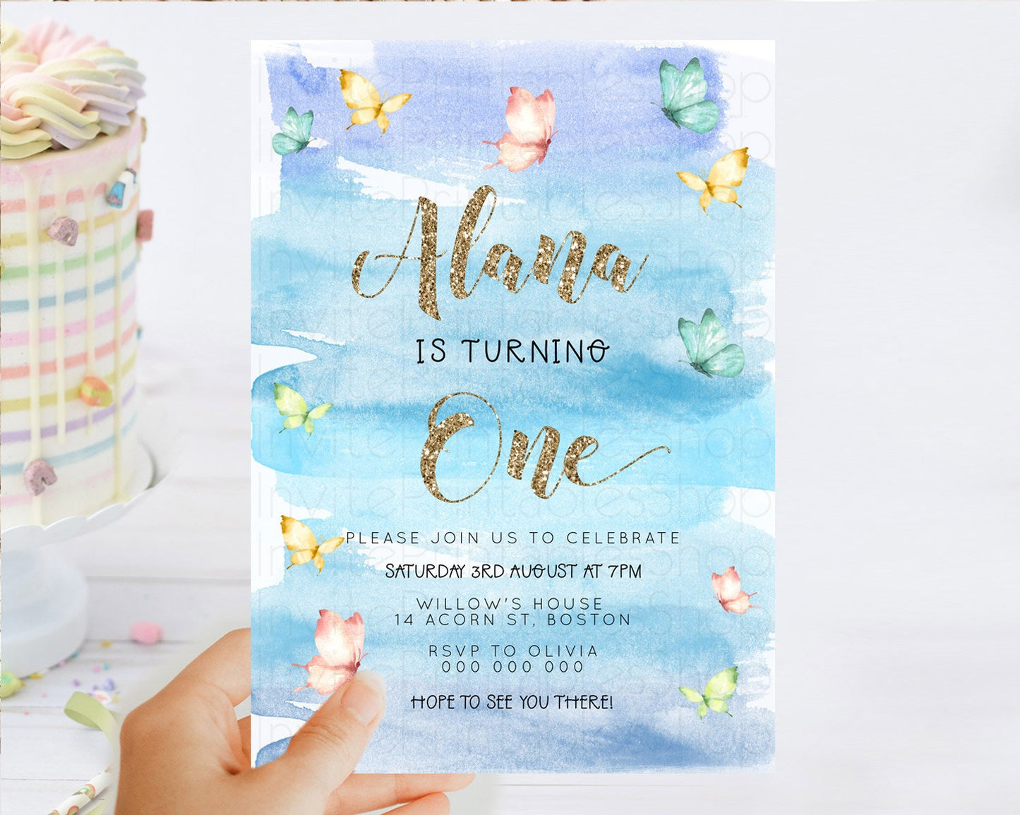 Blue Birthday Invitation Blue Watercolor Invitation Pastel Blue Watercolor Invitation Blue Splash Gold Invitation 1st First Birthday D23230