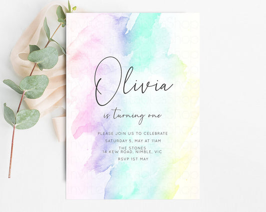 Editable Watercolor Birthday Invitation Colorful Pastel Rainbow Splash Ombre