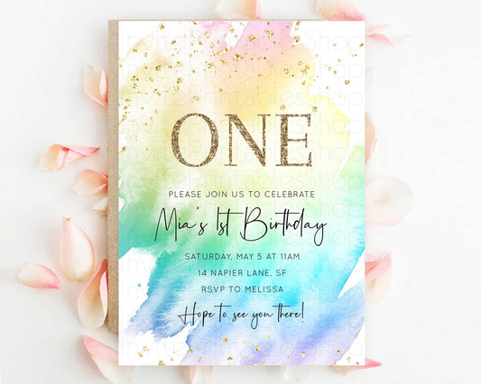 Editable Rainbow Birthday Invitation Colorful Pastel Watercolor Invitation G