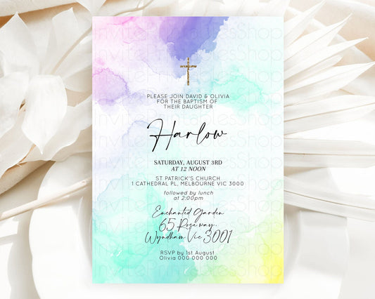 Pastel Baptism Invitation Pastel Colors Watercolor Baptism 1st Birthday Party Gold Ombre Pastel Rainbow Christening Holy Communion D10157