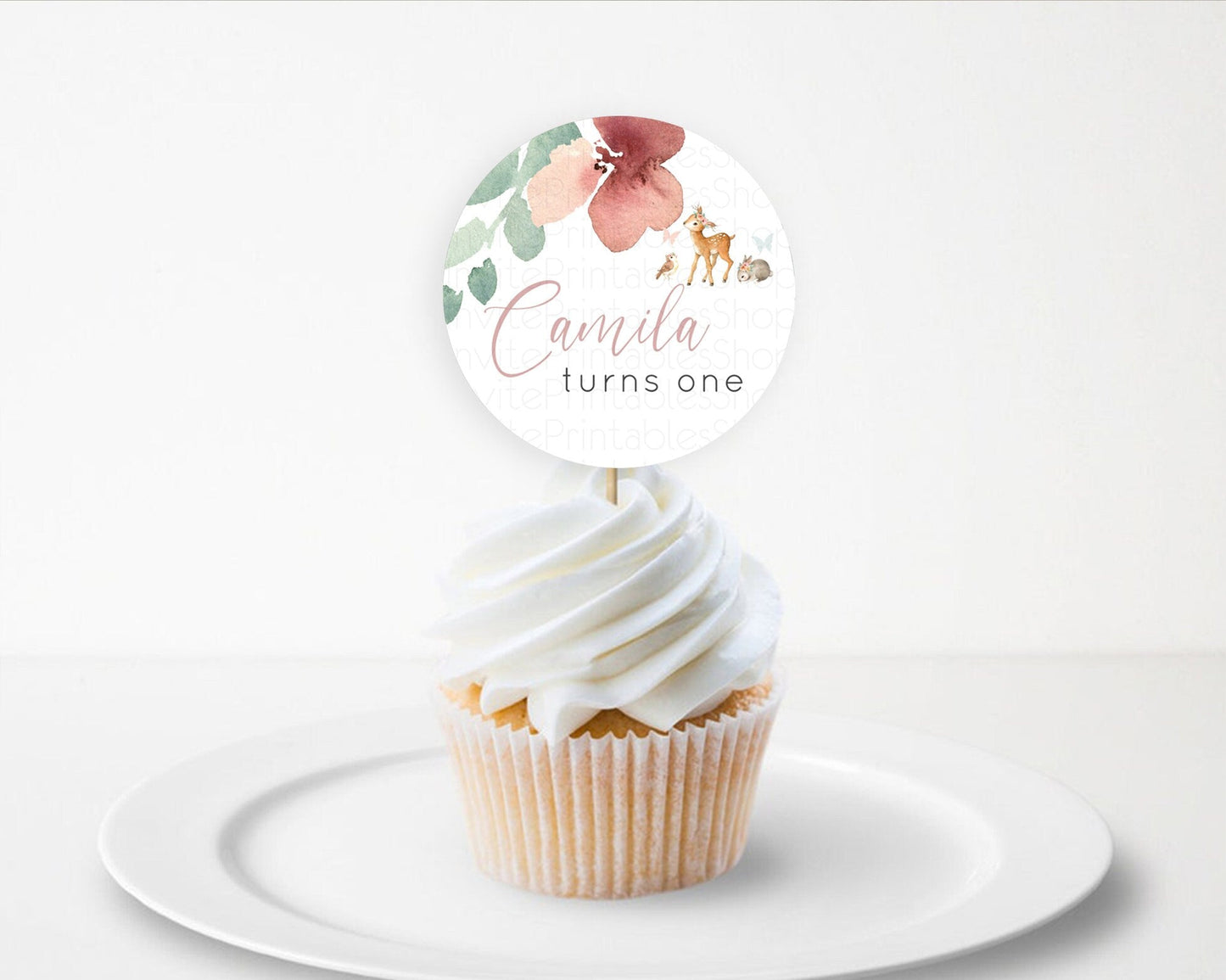 Fawn Cupcake Toppers Deer Cupcake Toppers Enchanted Forest Party Butterfly Pastel Flowers Woofland Cupcake Toppers First Birthday D10913