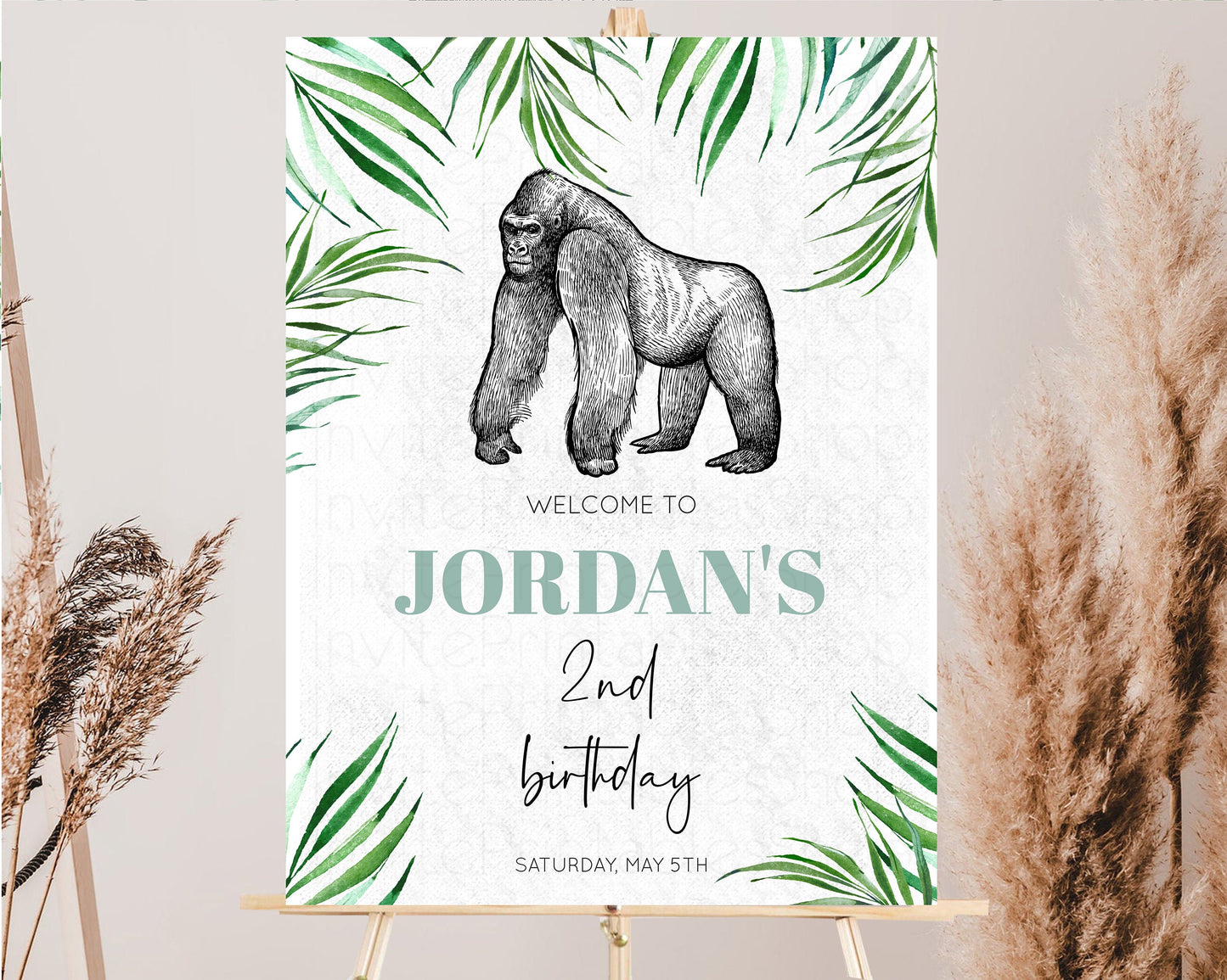 Gorilla Welcome Sign Tropical Jungle 1st Birthday Board White Birthday Board Palm Leaf Gorilla Welcome Board Safari Welcome Birthday p284