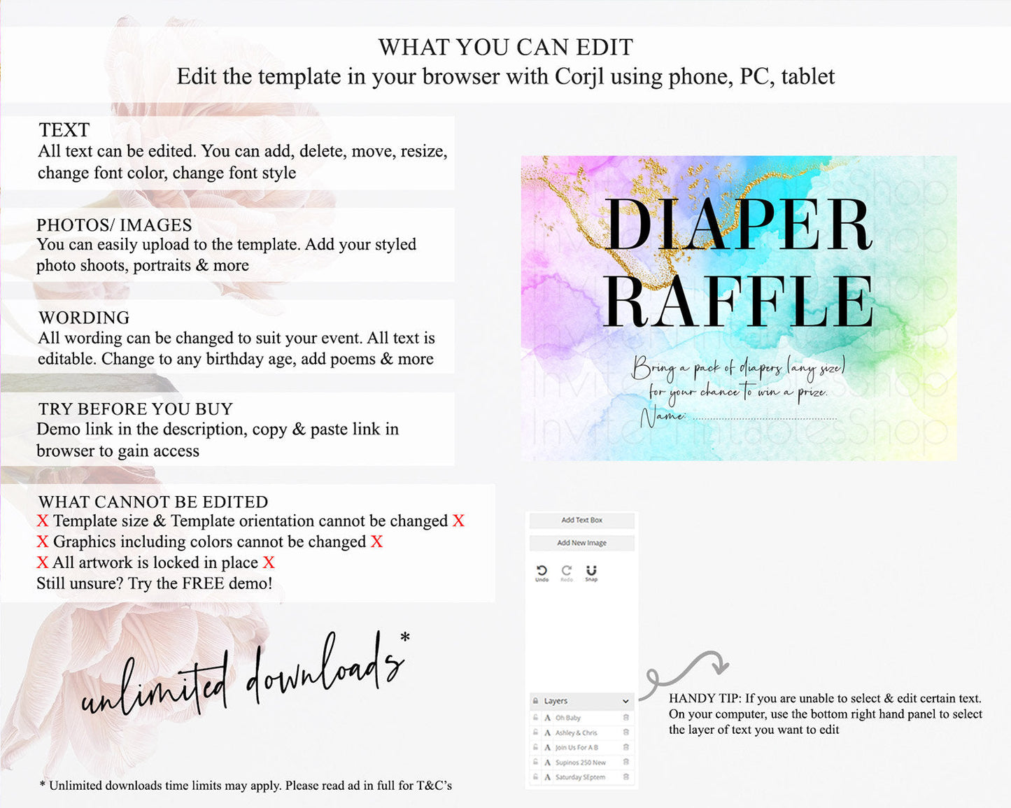 Pastel Diaper Raffle Card Pastel Rainbow Diaper Raffle Insert Colorful Ombre Watercolor Diaper Ticket Confetti Glitter Raffle Game D10393