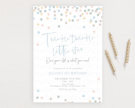 Star Birthday Invitation Pastel Stars Invite Shooting Star Party Rainbow Colorful Confetti Twinkle Little Star 2nd First Birthday D10795