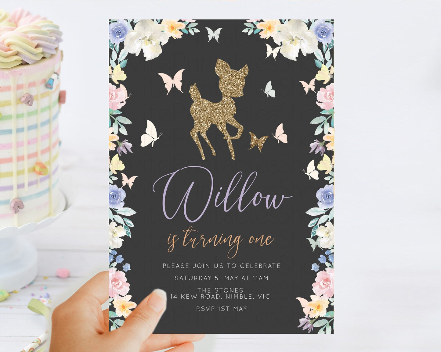 Fawn Birthday Invitation Deer Birthday Invitation Enchanted Forest Party Butterfly Pastel Flowers Whimsical 2nd 1st First Birthday D10323