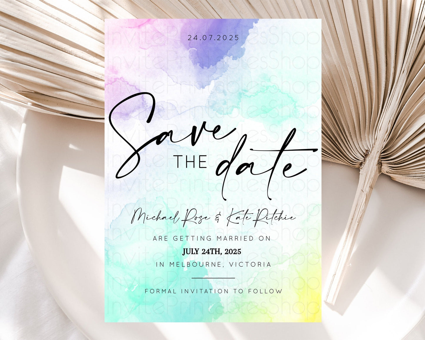 Pastel Save The Date Template Pastel Ombre Rainbow Watercolor Colorful Party For Birthday Baptism Baby Shower Wedding Bridal Shower D10157