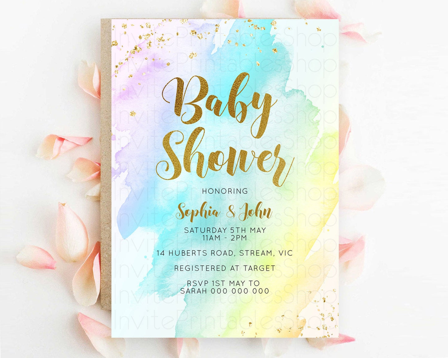 Pastel Baby Shower Invitation Rainbow Baby Shower Invitation Colorful Pastel Watercolor Invitation Gold Glitter Sprinkles Ombre D11026