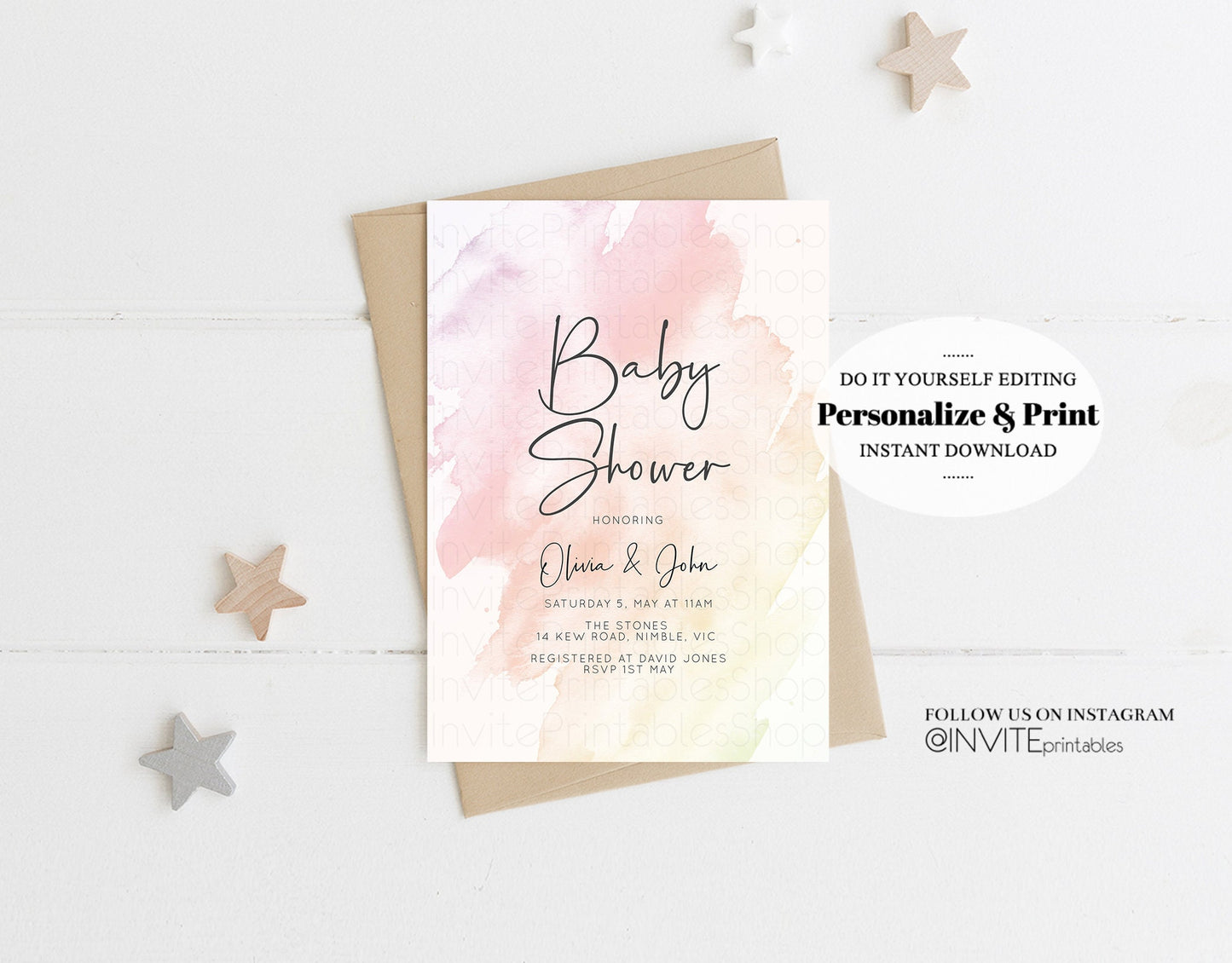 Pastel Pink Baby Shower Invitation Watercolor Ink Gold Glitter Foil Sprinkles Confetti Splash It's a Girl Invite Editable Instant 145