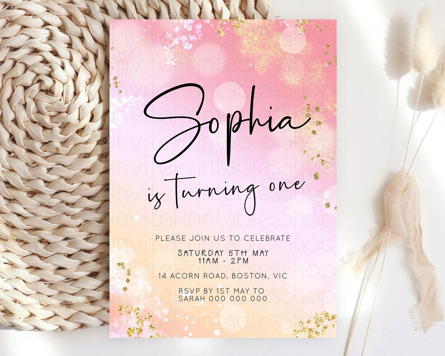 Pink Birthday Invitation pink Watercolor Invitation Pastel pink Watercolor Invitation pink Splash Gold Invitation 1st First Birthday D23095
