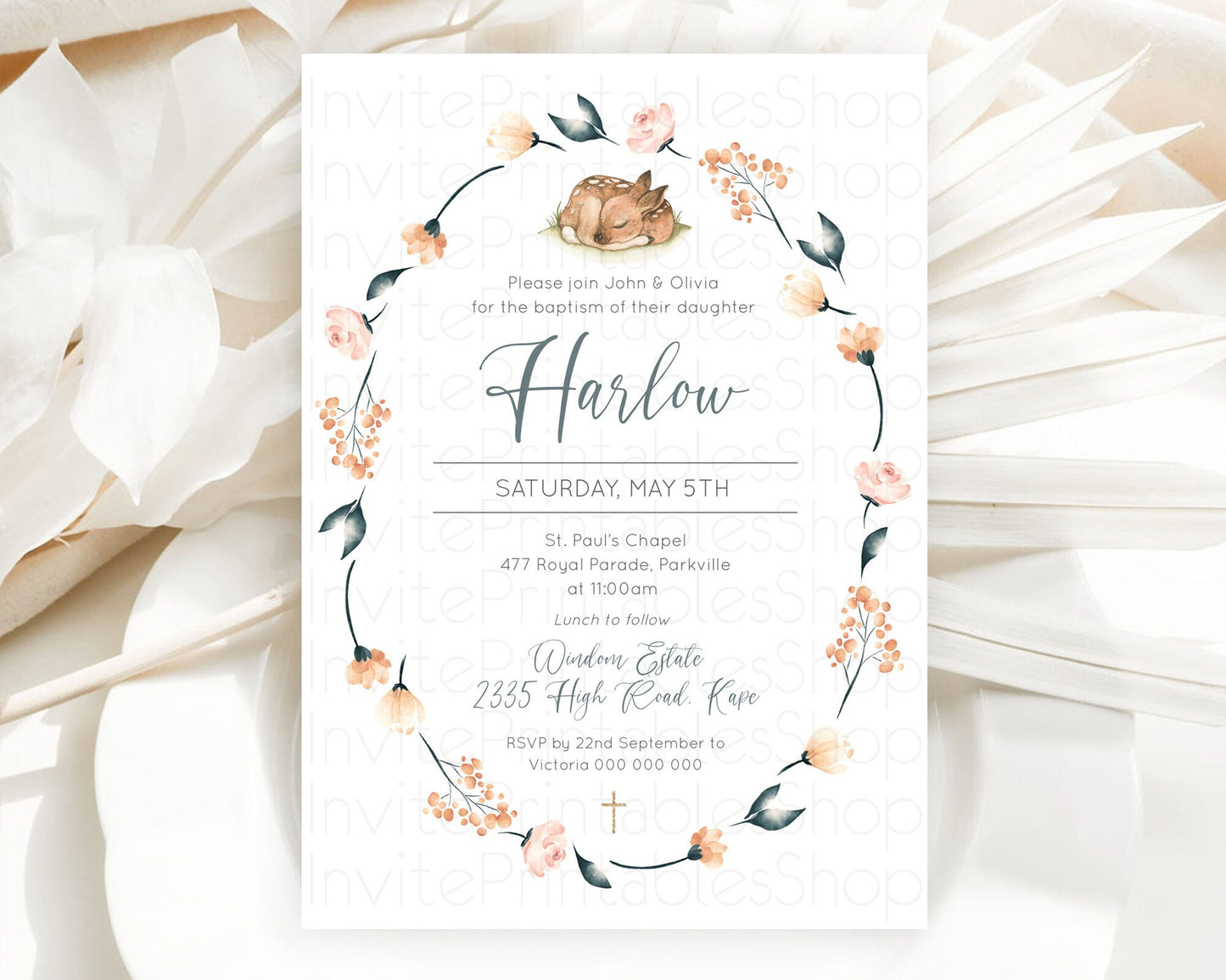 Fawn Baptism Invitation Deer Baptism 1st Birthday Invitation Enchanted Forest Christening Invitation Pastel Garden Butterfly Floral D10790