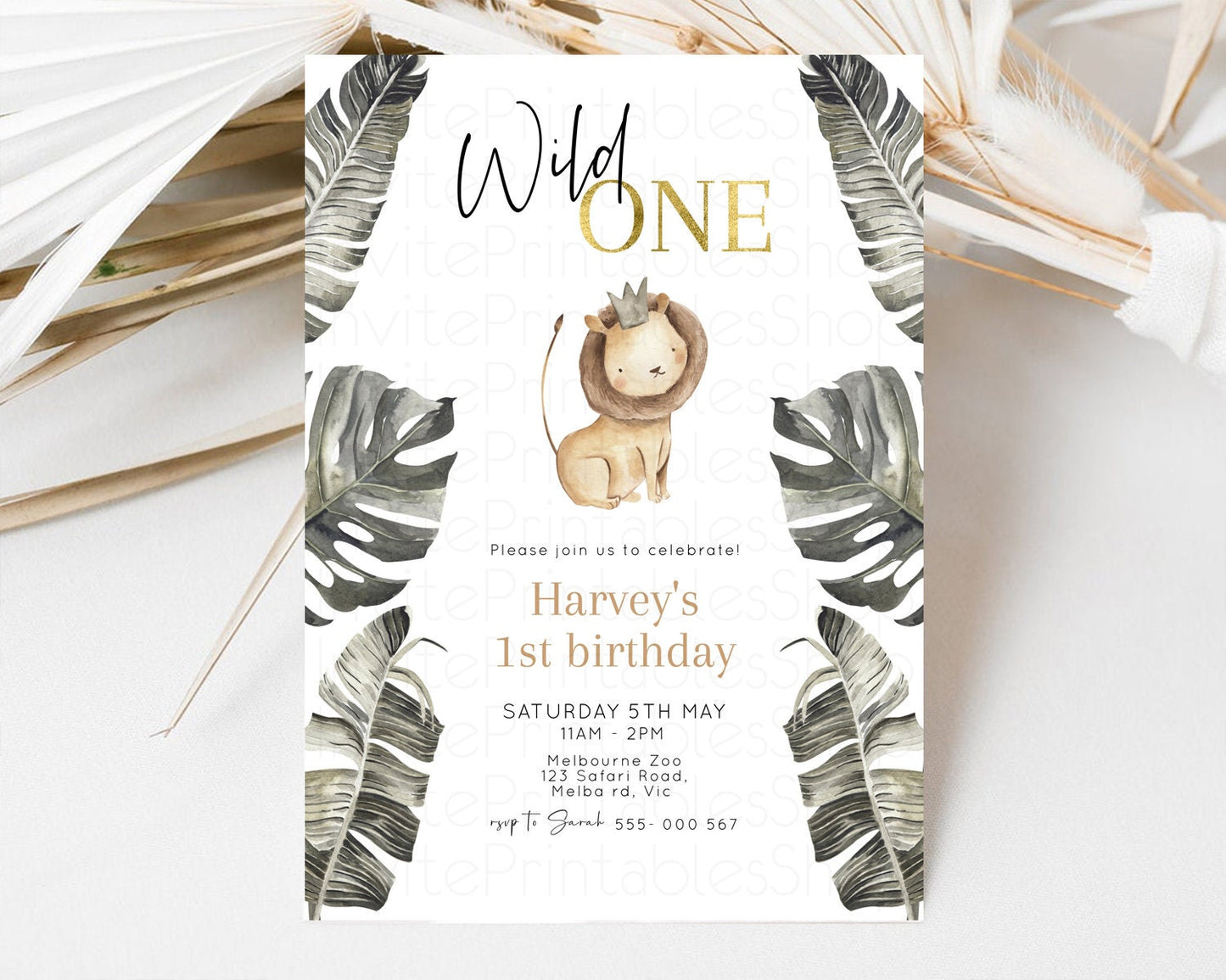 Lion Birthday Invitation Lion 1st Birthday Invite Lion Cub Invitation Lion Safari Invite Wild One Invite Zoo Party Jungle Palm Leaf 584