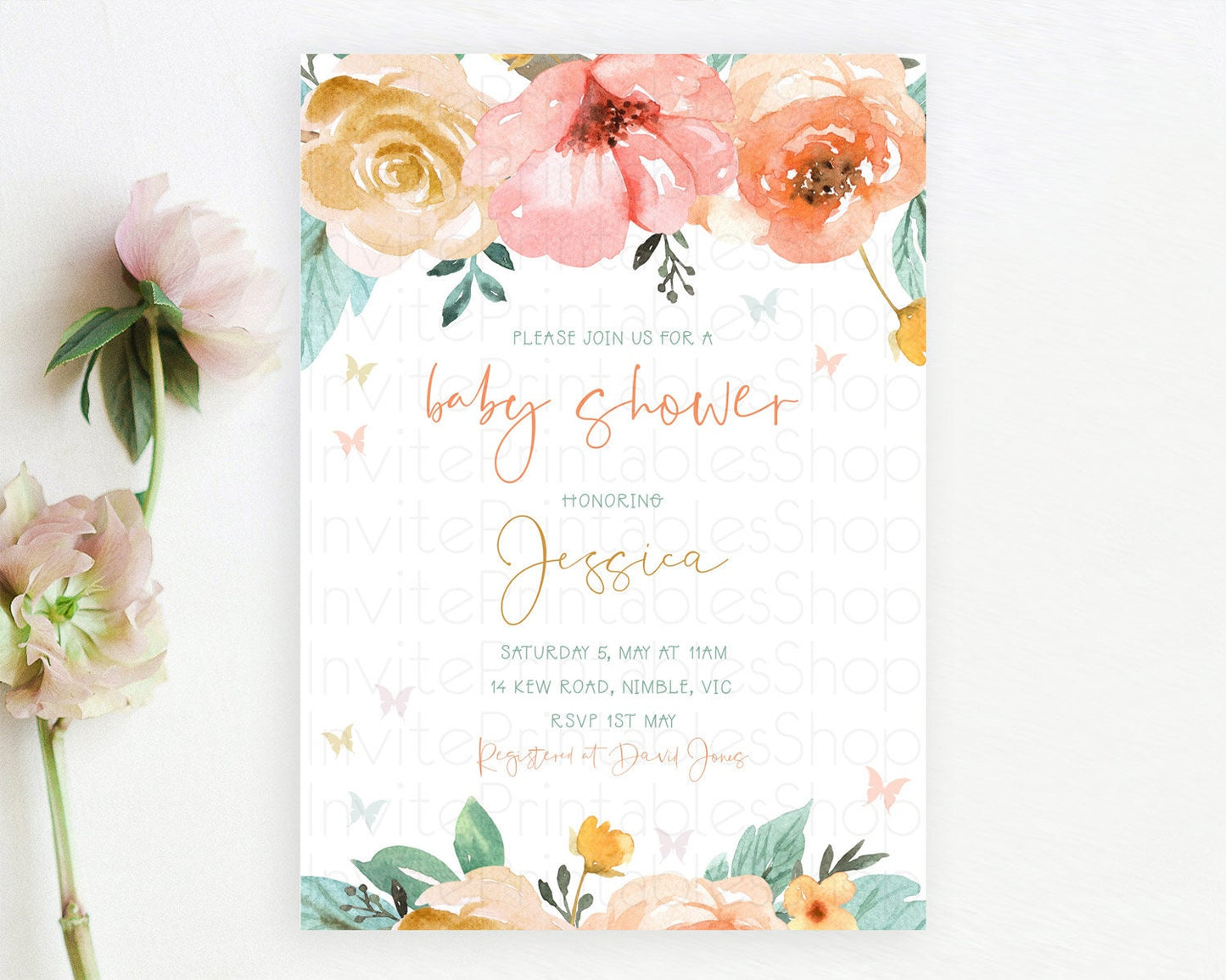 Wildflower Baby Shower Invitation Secret Garden Baby Shower Invitation Pastel Flowers Invite Enchanted Garden Shower Floral Theme D10347