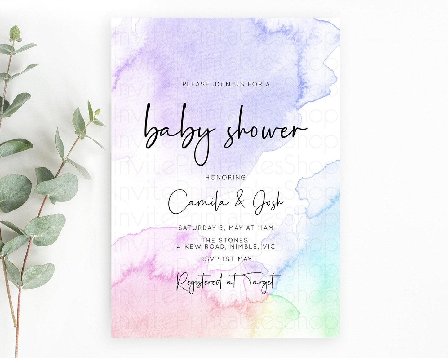 Pastel Baby Shower Invitation Rainbow Baby Shower Invitation Colorful Pastel Watercolor Invitation Gold Glitter Sprinkles Ombre D10215