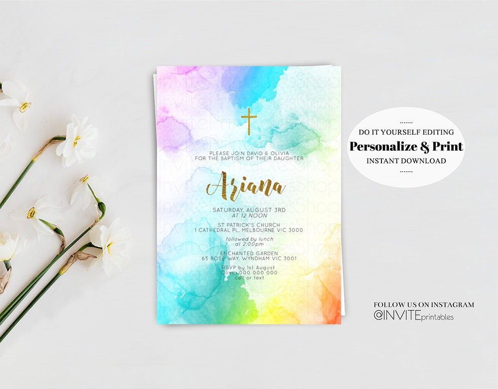 Rainbow Baptism Invitation Pastel Watercolor Christening Invitation Vibrant Colorful Splash Gold Foil Multi Color Communion Orthodox Cross