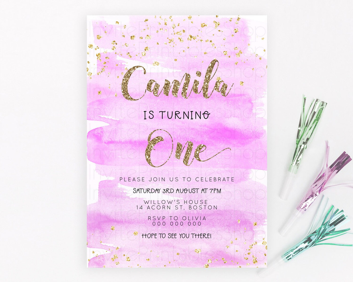 Pink Birthday Invitation pink Watercolor Invitation Pastel pink Watercolor Invitation pink Splash Gold Invitation 1st First Birthday D23279