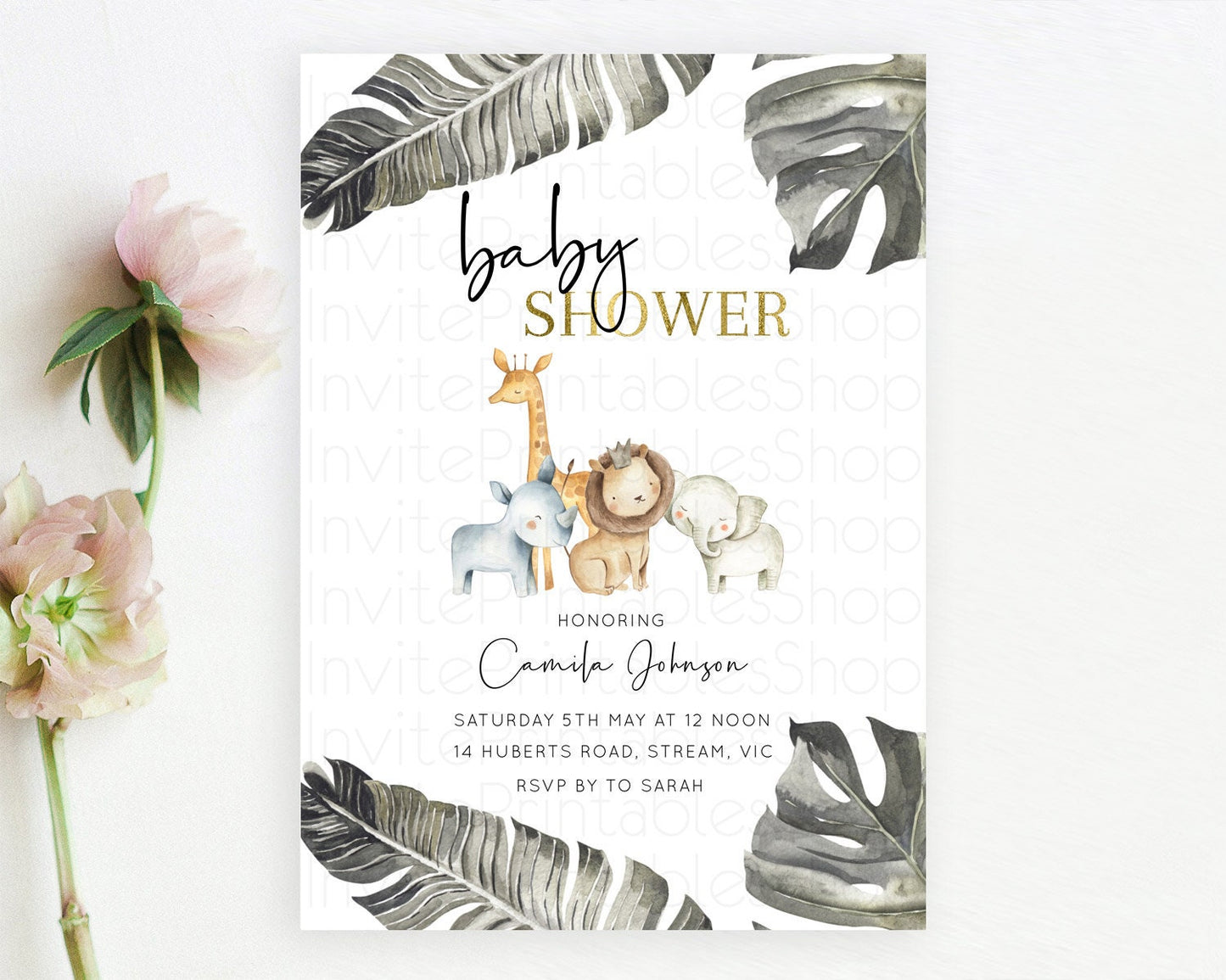 Safari Baby Shower Invitation Baby Lion Gorilla Elephant Rhino Invitation Tropical Palm Jungle Safari Adventure Baby Animals D10599