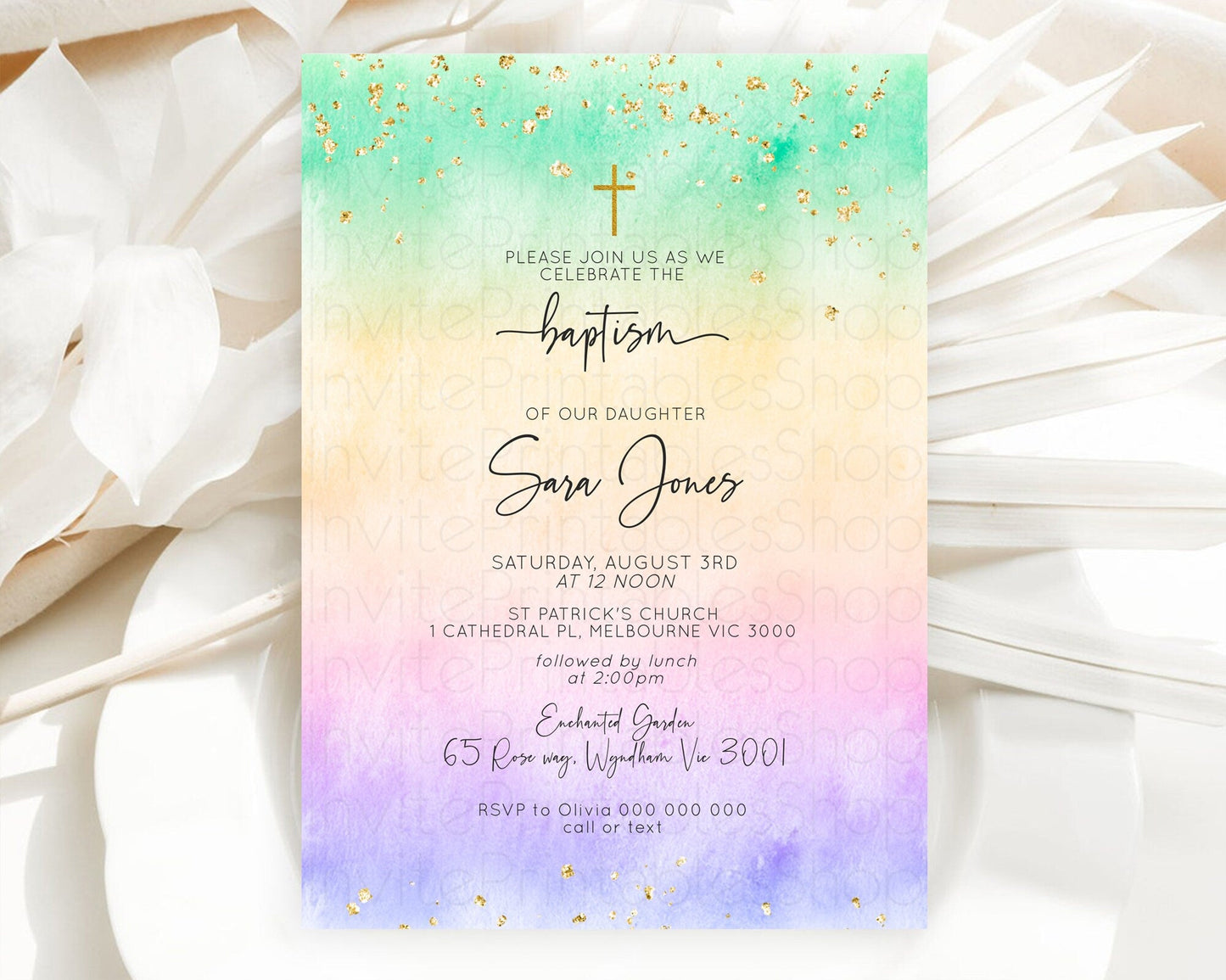Pastel Baptism Invitation Pastel Colors Watercolor Baptism 1st Birthday Party Gold Ombre Pastel Rainbow Christening Holy Communion D10485