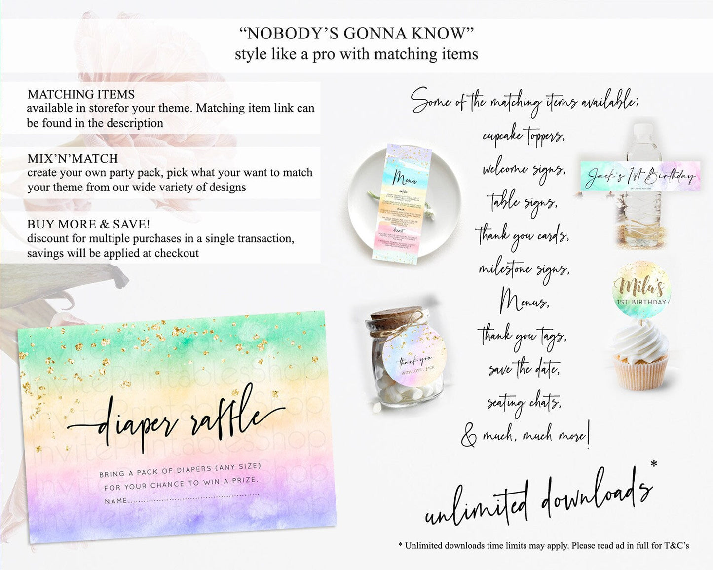 Pastel Diaper Raffle Card Pastel Rainbow Diaper Raffle Insert Colorful Ombre Watercolor Diaper Ticket Confetti Glitter Raffle Game D10485
