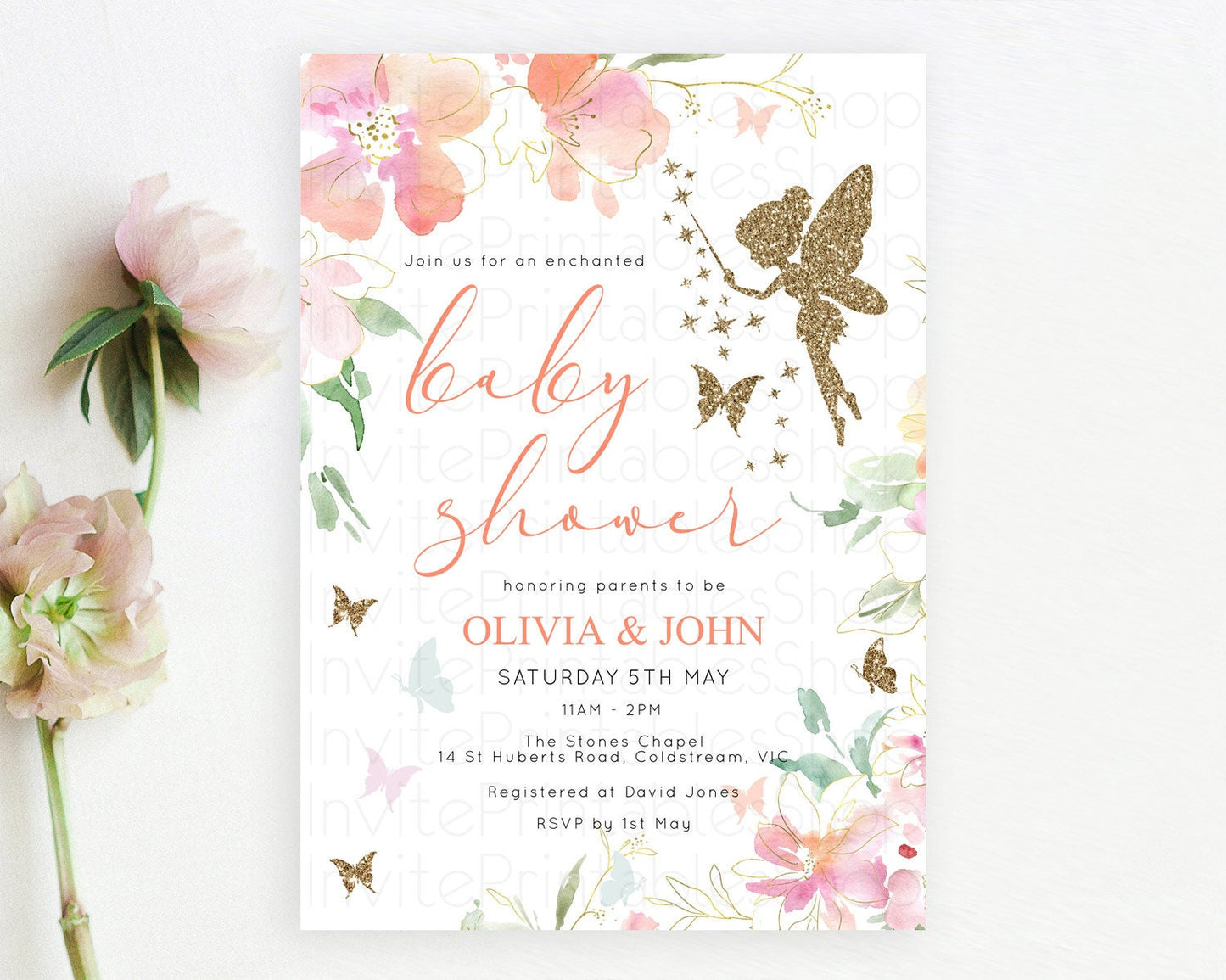 Fairy Baby Shower Invitation, Enchanted Fairy Garden, Tea Party, Secret Garden, Pastel Floral Butterflies, Pink Flowers, Gold Accents D10934
