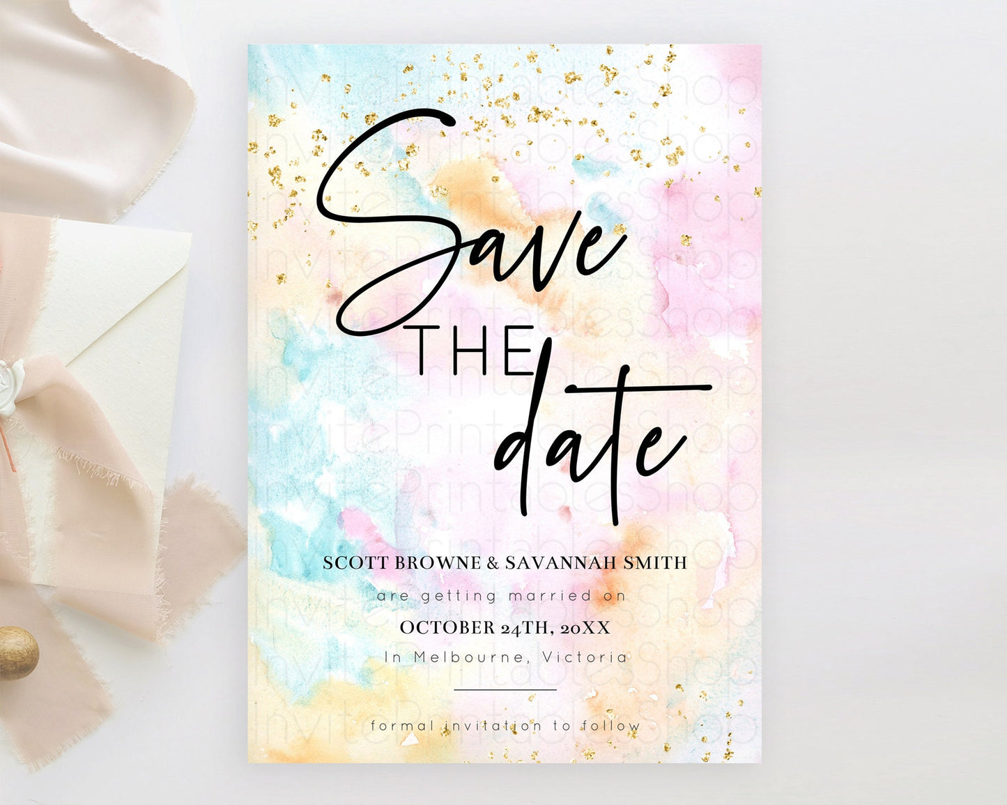 Pastel Save The Date Template Pastel Ombre Rainbow Watercolor Colorful Party For Birthday Baptism Baby Shower Wedding Bridal Shower D10548