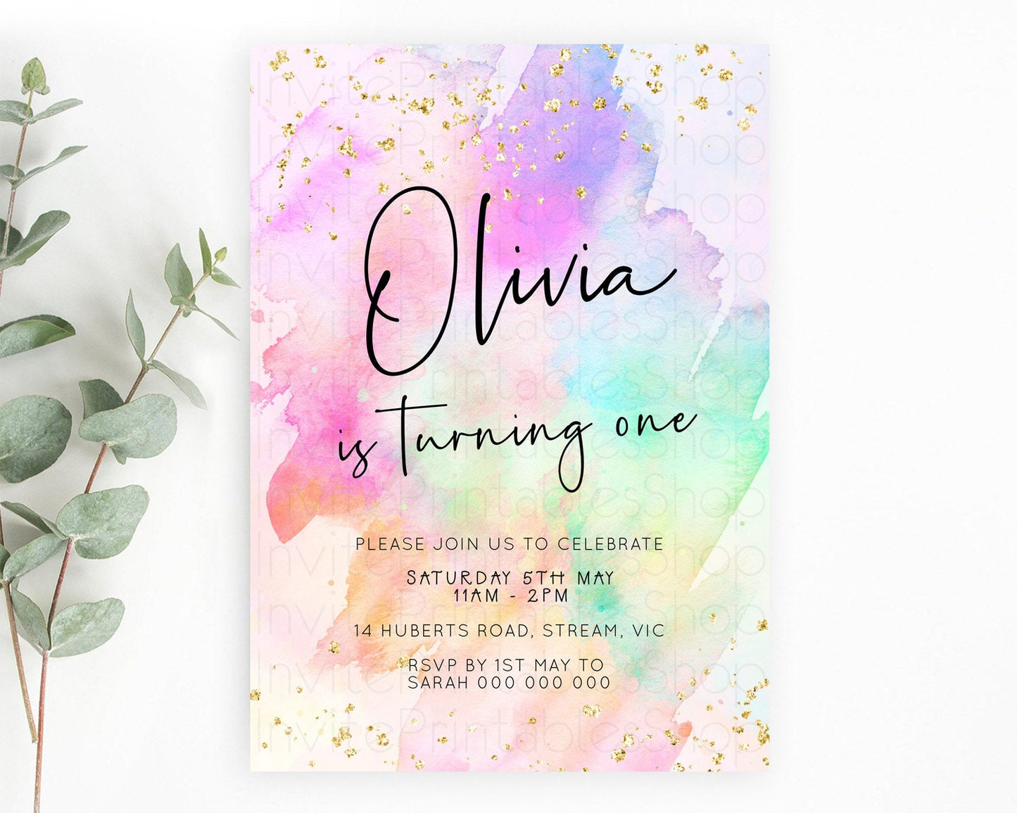 Pastel Birthday Invitation Ombre Watercolor Birthday Invitation Glitter Rainbow Color Splash 1st 2nd 3rd Birthday Invitation D23059