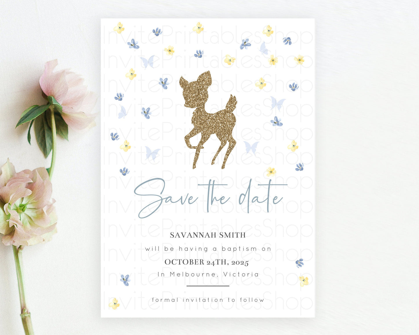 Fawn Deer Save The Date Template Pastel Floral Deer Enchanted Forest Butterfly Party 1st Birthday Baptism Baby Shower Bridal Shower D10864